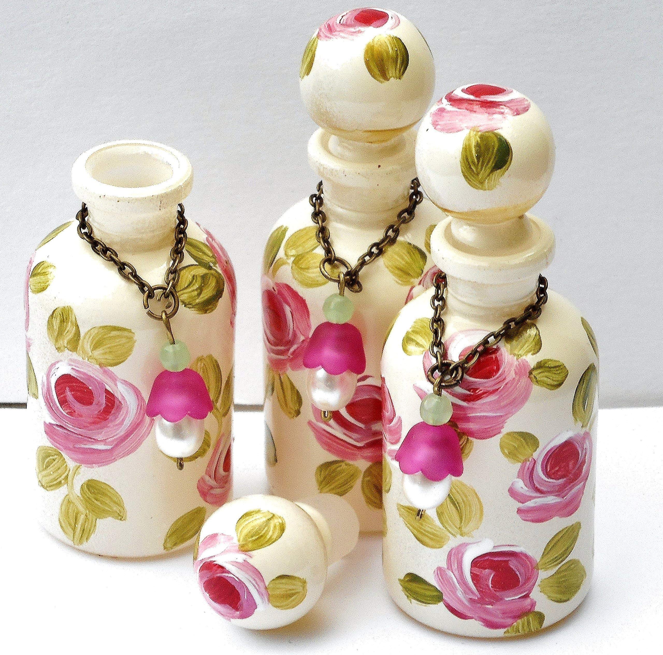 Single Cute Small Miniature Mini Glass Perfume Bottle Apothecary Jar with Stopper Cap Hand Painted Roses Shabby Chic Decor Vanity Accessories Little Gift for Women