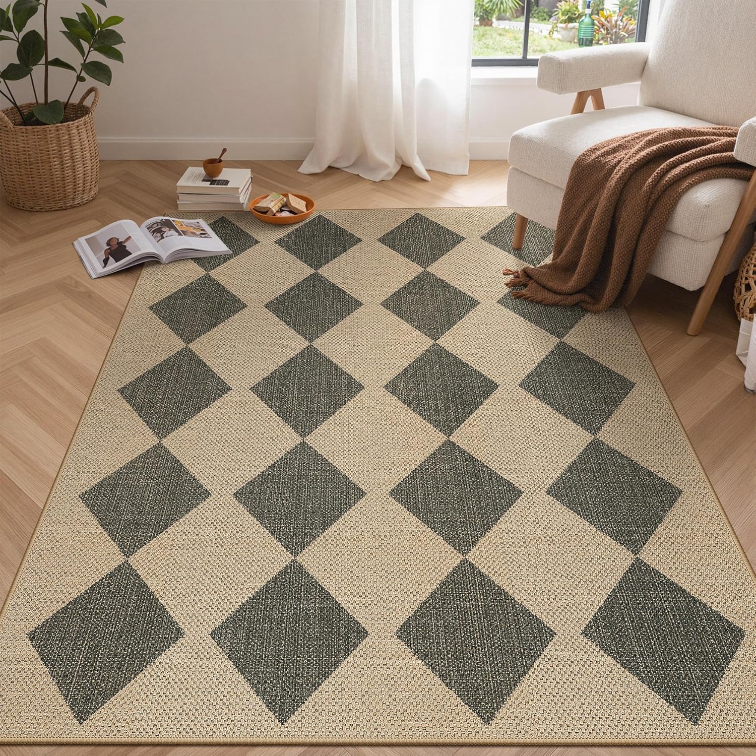 Bavni Checkered Easy Jute Rug,3x5 Area Rug Machine Washable Non Slip Woven Plaid Carpet, Geometric Diamond Non Shedding Low Pile Modern Farmhouse Floor Mat for Living Room, Bedroom, Entryway