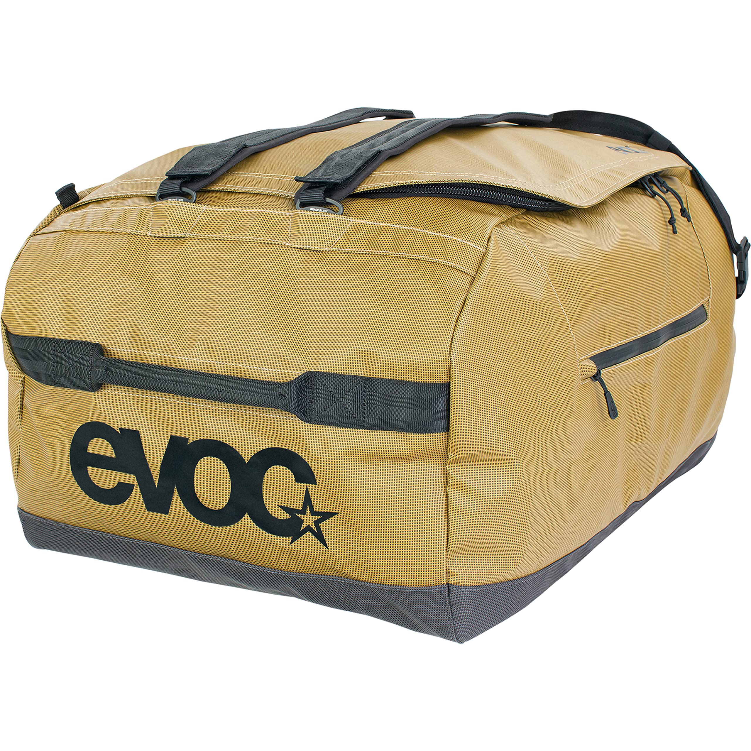 EVOC DUFFLE BAG 100 borsa impermeabile per viaggi e attrezzature (tracolla staccabile, tasca esterna separata, uso universale, inclusa borsa integrata, senza PVC, impermeabile), Curry/Nero