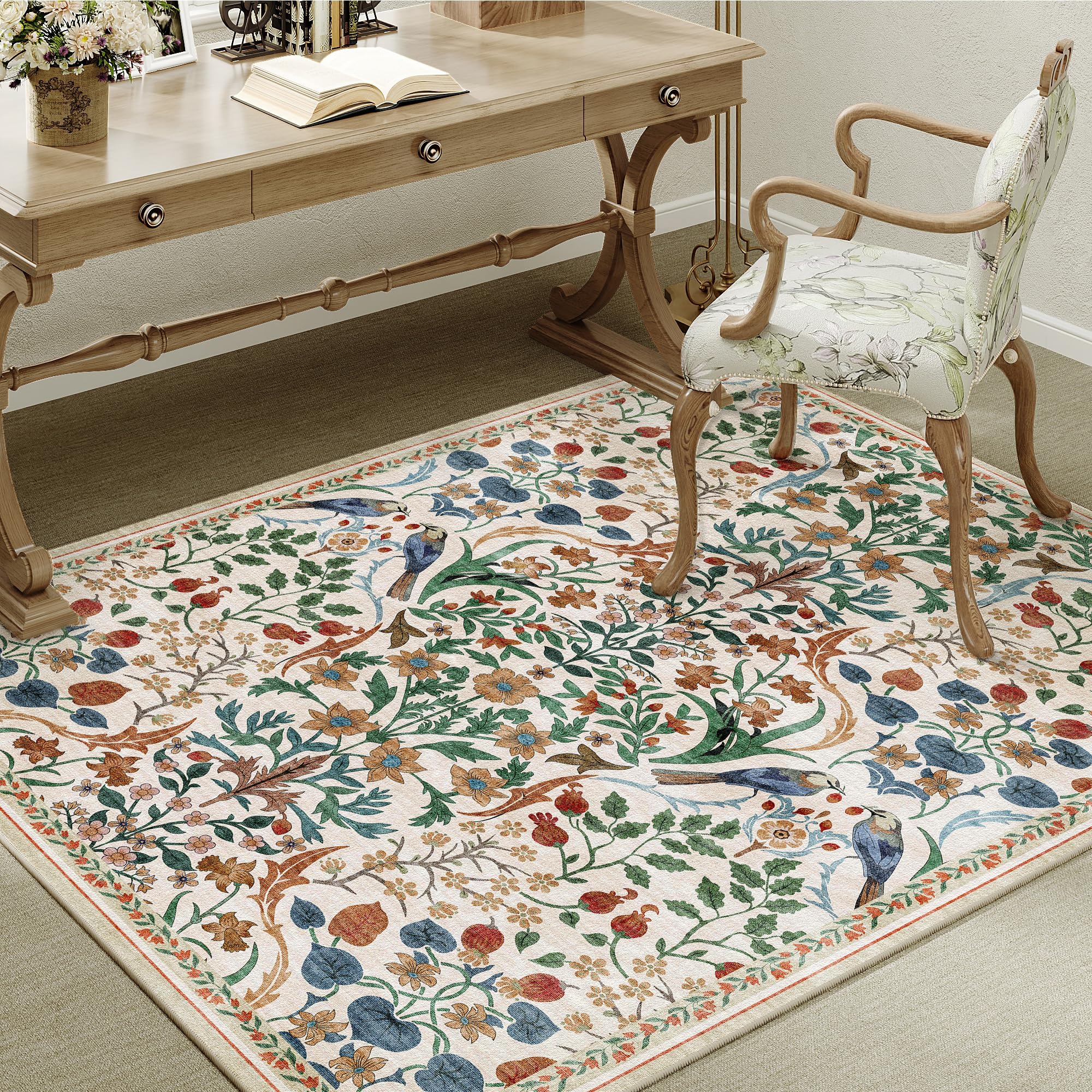 PureCozy Teppich Wohnzimmer 120x170cm Blumenmuster Waschbarer kurzflor rutschfest Weich Retro Boho Teppiche für Schlafzimmer Küchen Esszimmer Bedroom Living Room, Beige