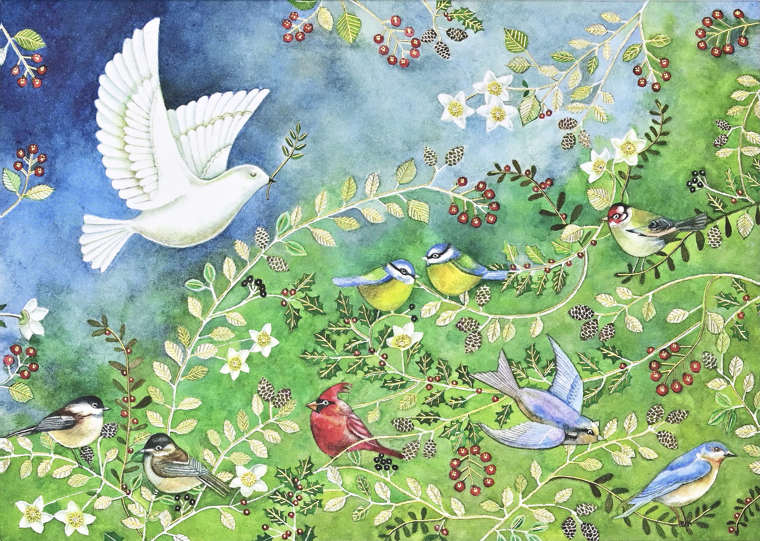 Birds and Holly Deluxe Boxed Holiday Cards (20 cards, 21 self-sealing envelopes), Multicolor, 7 x 5 inch