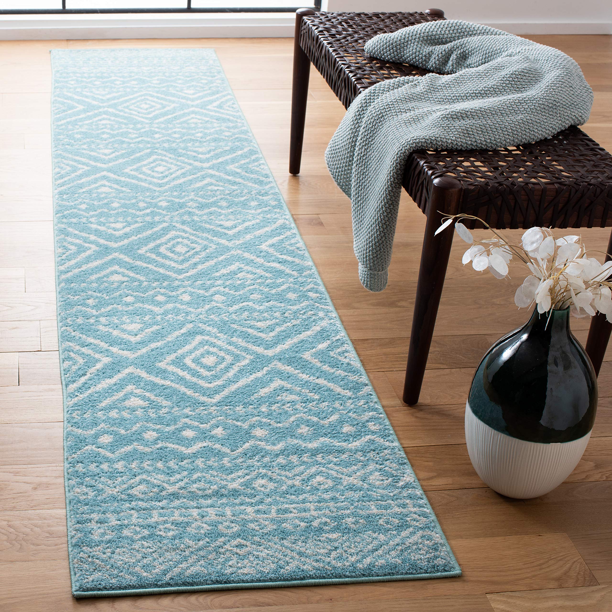 SAFAVIEH Tulum Collection Runner Rug - 2' x 13', Turquoise & Ivory, Moroccan Boho Distressed Design, Non-Shedding & Easy Care, Ideal for High Traffic Areas in Living Room, Bedroom (TUL267K)