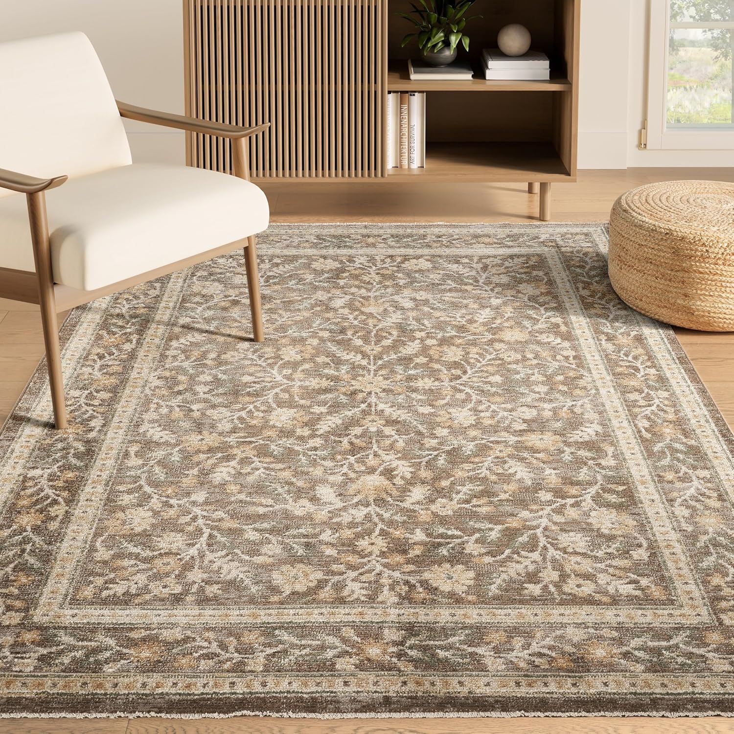 Abani Evelyn Collection Mocha Area Rug - 5' x 8' - Floral Pattern, Non-Shedding - Easy to Clean, Durable for Living Rooms, Bedrooms & Offices, Pet & Kid Friendly