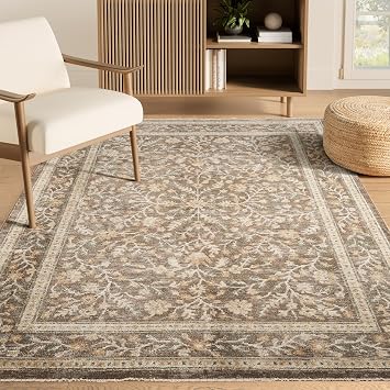 Abani Evelyn Collection Mocha Area Rug - 5' x 8' - Floral Pattern, Non-Shedding - Easy to Clean, Durable for Living Rooms, Bedrooms & Offices, Pet & Kid Friendly