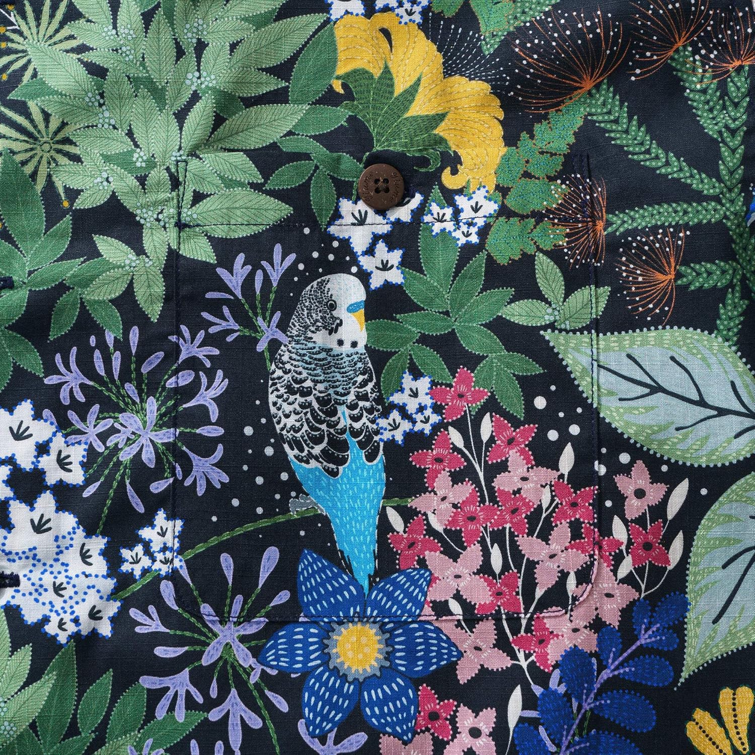 YIUME Tropical Hawaiian Shirt for Men 100% Cotton Short Sleeve Green Camp Collar Parrot Aloha Shirt Parrot's Garden