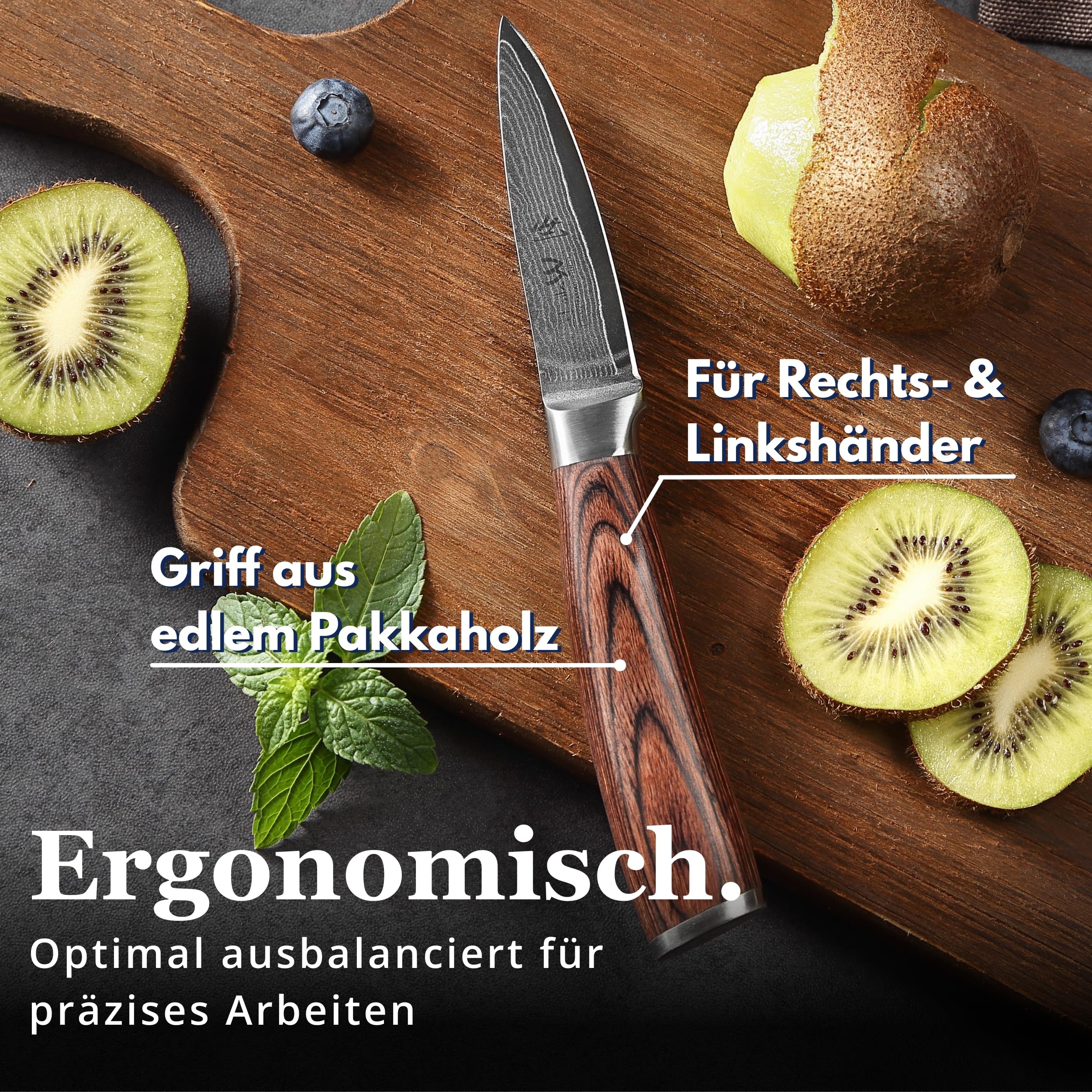 Wakoli EDIB Officemesser aus echtem Damaststahl (VG10 Kern) mit 8,5 cm Klinge – Scharf und handlich – Kleines Küchenmesser, Obstmesser & Gemüsemesser – Damastmesser mit Pakkaholzgriff in Geschenkbox