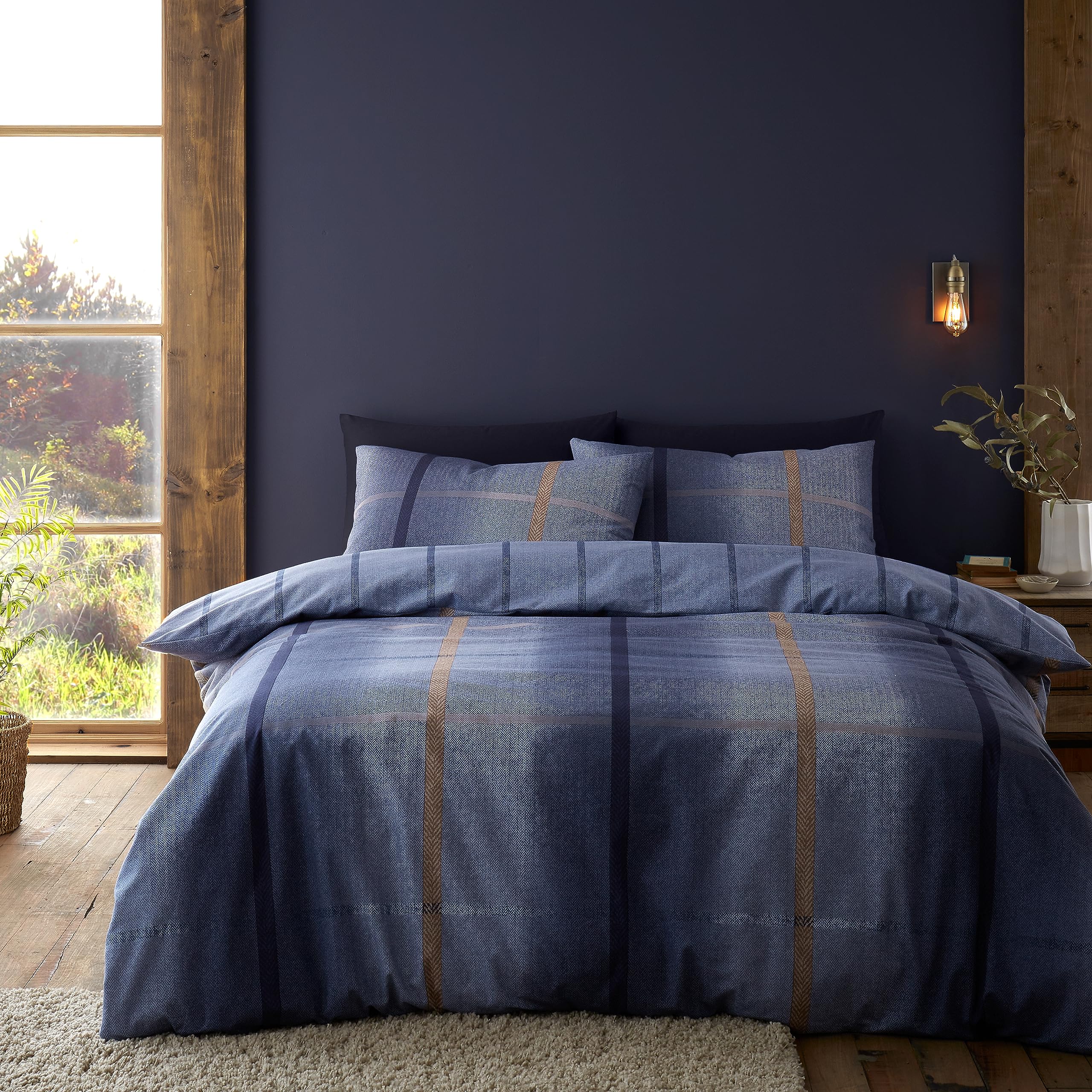 Catherine Lansfield Brushed Cotton Melrose Tweed Check Reversible Double Duvet Cover Set including Pillowcases Blue