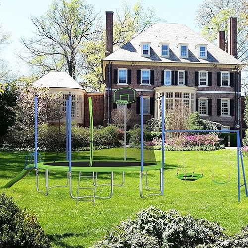 Miniatura 2 de Livspace 14Ft 12FT Trampoline Set with Swing, Slide, Basketball Hoop and Ladder-Metal for Kids &amp; Adults,Recreational Trampolines for Indoor, Green,
