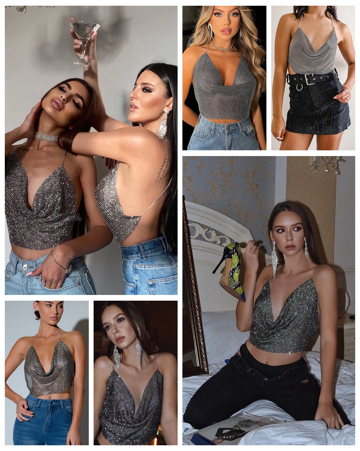 PartyArt Women Sexy Rhinestone Tops Sparkly Deep V Backless Crop