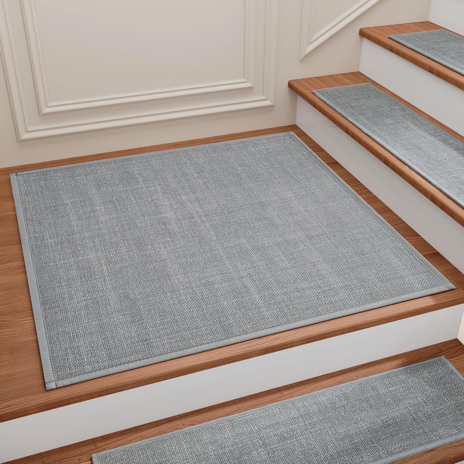 Stair Treads Carpet for Wooden Steps, Non Slip Landing Mat Rug Whit Rubber Backing, Polyester Soft Stairs Resistant Indoor Skid Runner Safety Rugs for Family, Absorbent Washable 31\" x 31\" Gray 2'7\" x 2'7\" (Oblong) Gray-dense Knitting 1