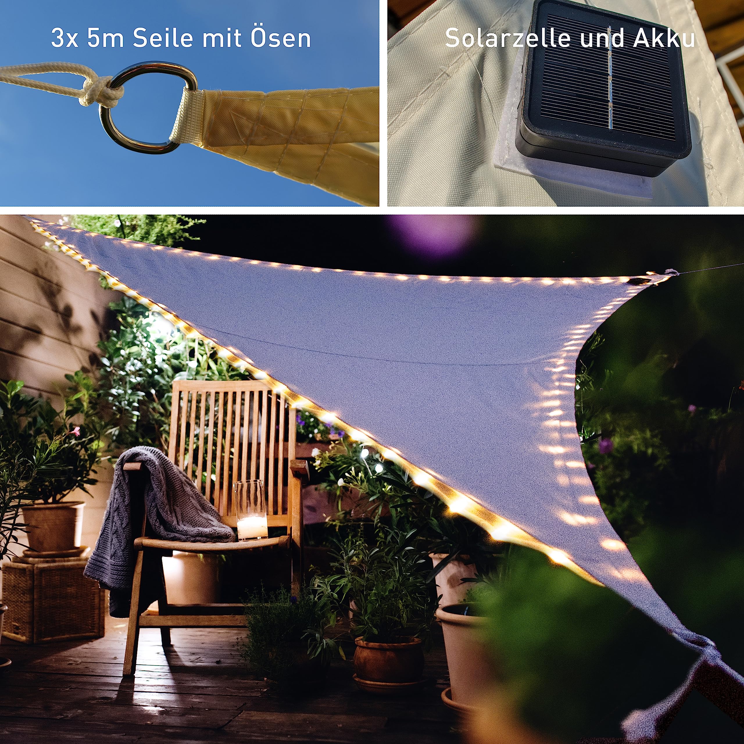 Amazon.de: X4-LIFE Solar LED Sonnensegel 3.6 x 3.6 x 3.6, Garten Deko LED- Beleuchtung, Solarpanel und Akku