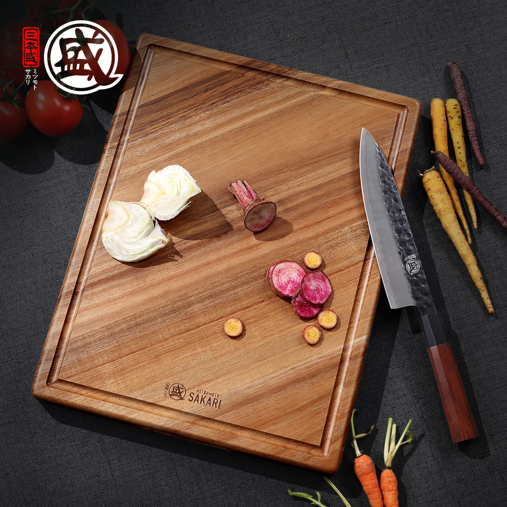 MITSUMOTO SAKARI Tabla Cortar Cocina en Madera de Acacia, Tabla de Cortar de Grano de Madera Natural, 42.5 X 32.5 X 3.2 cm Tabla Madera Cocina Profesional (con Ranuras Antiderrame)