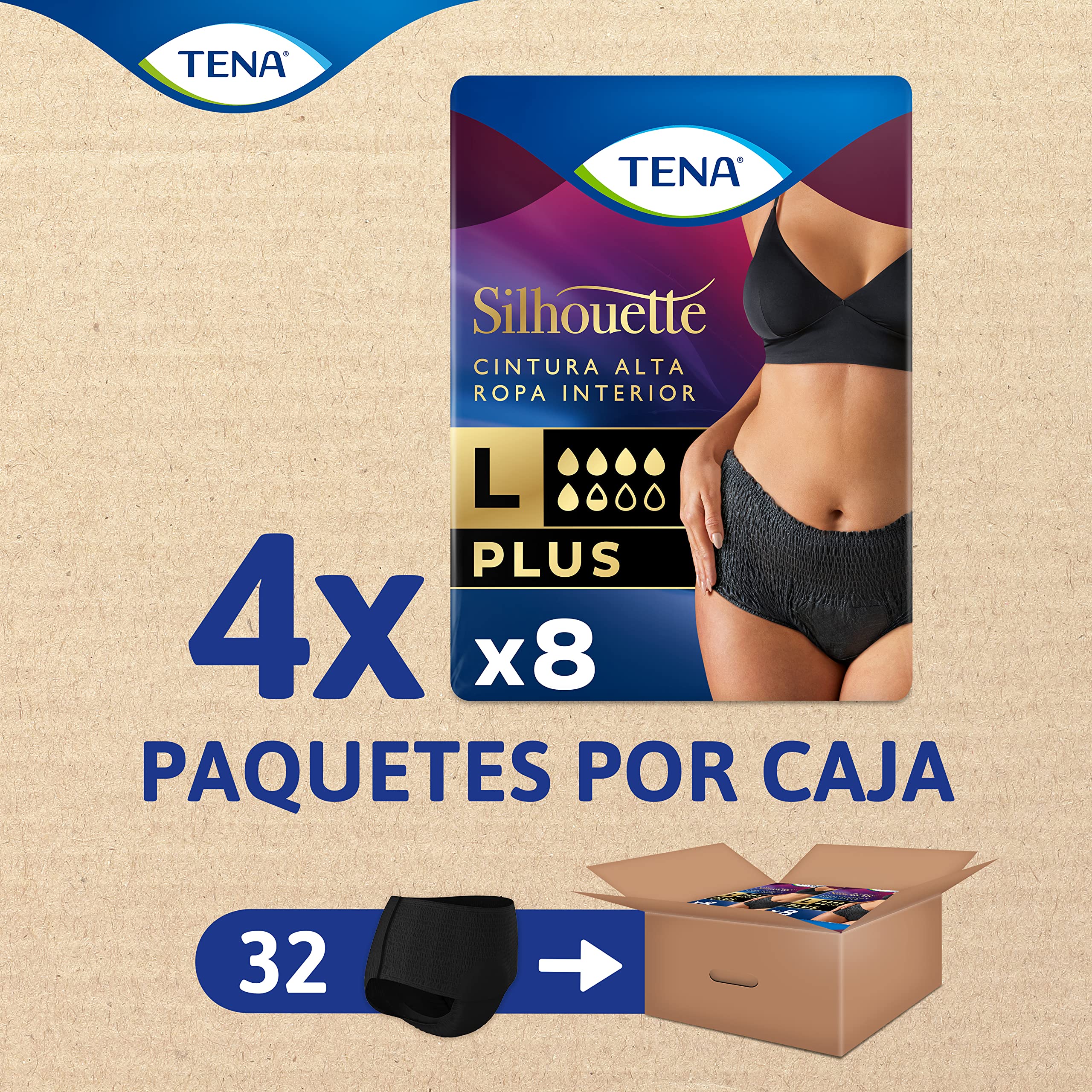 TENA Silhouette Plus Noir 4x8 - Ropa Interior para Incontinencia y Pérdidas de Orina Abundante - Diseño Cómodo y Transpirable - 32 Braguitas Desechables - Negro - Talla Grande