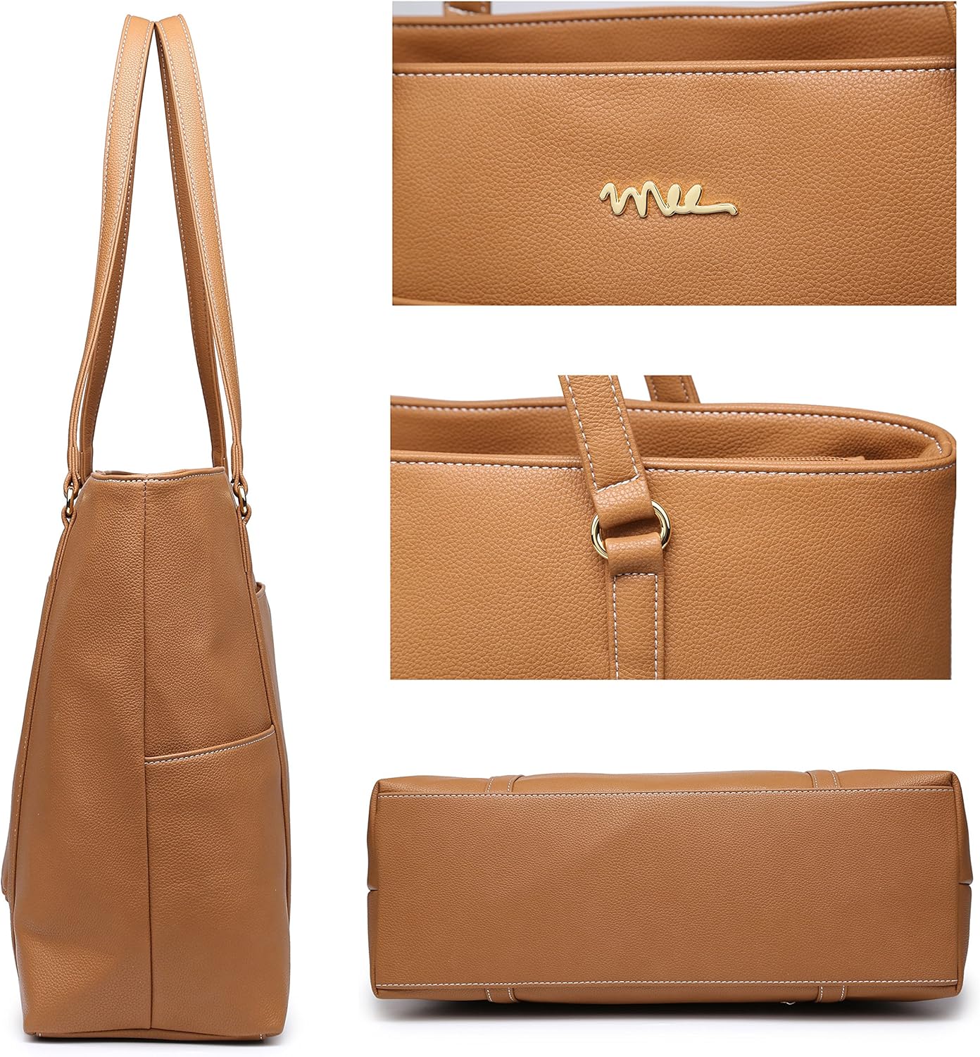 Classic Laptop Leather Tote Bag for 15 15.6 inch Notebook Computers Travel Carrying Bag with Smart Trolley Strap Design - Light Brown - Image 4