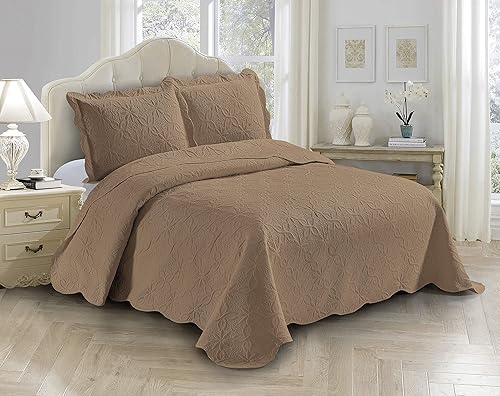 Juego de colcha sólida en relieve con patrón de enrejado floral de margaritas sin costuras, Allison (beige, King Cal-King)
