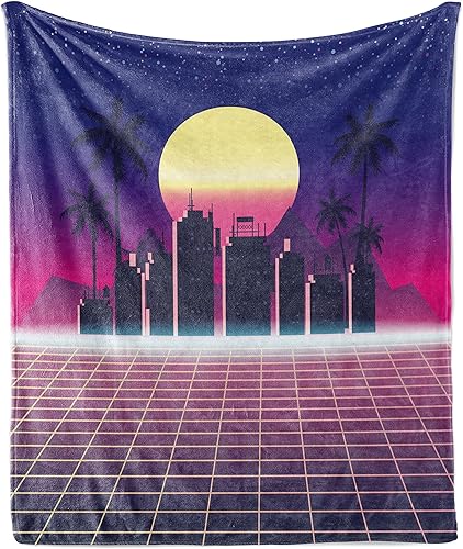 Lunarable Synthwave - Manta de forro polar de franela suave, diseño retro de palmeras urbanas con sol y cuadrícula en tonos vibrantes, felpa Púrpura