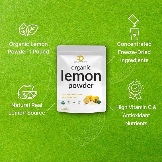 Organic Lemon Powder, 1lb Real Freeze-Dried Source Rich in Essential Vitamin C Natural Immune Support Raw Lemon Juice Flavor & Aroma Non-GMO, Filler Free, No Sugar