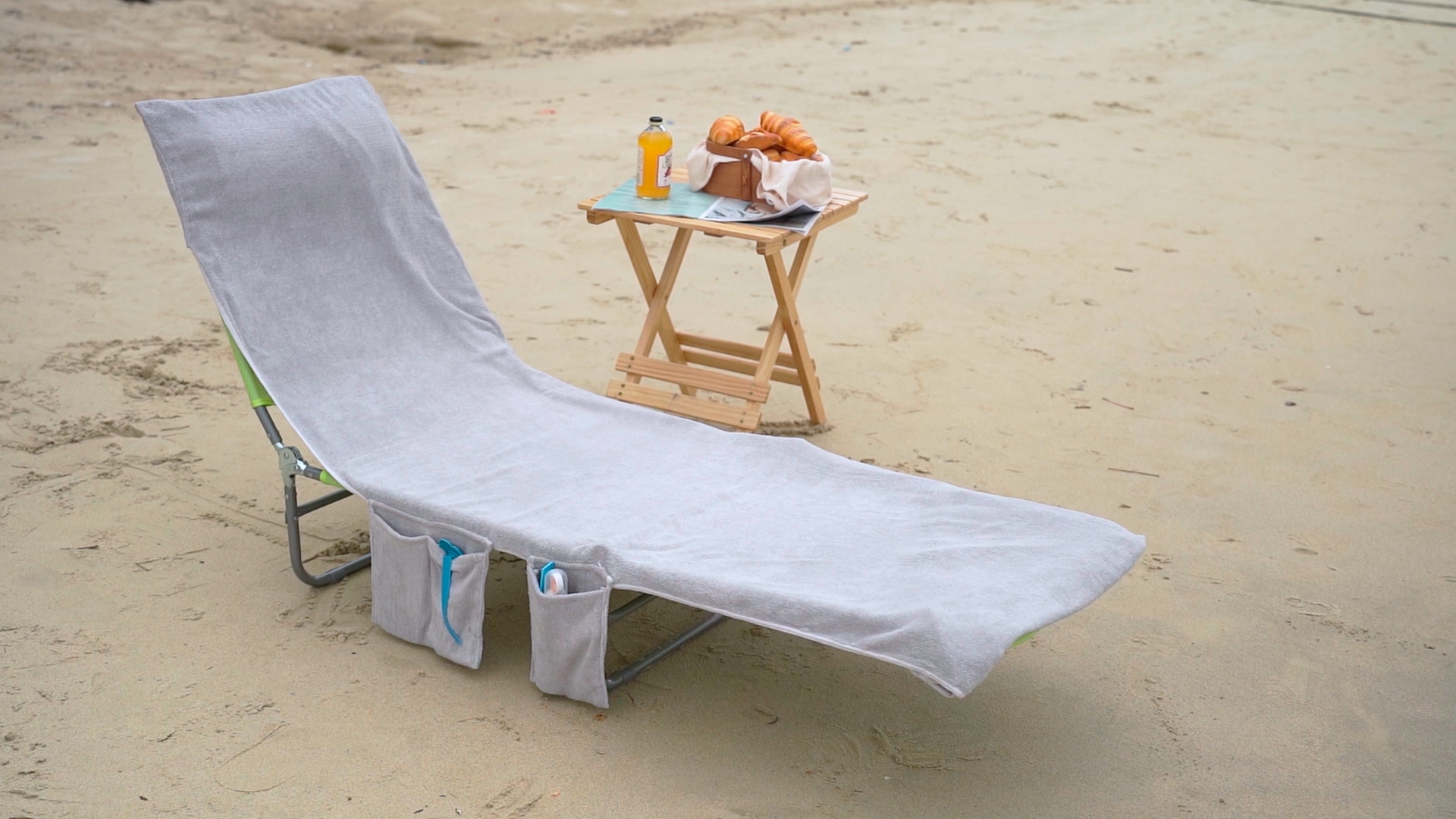 Redbaker 2-Pack Beach Chair Covers With Side Pockets - 30x85 Inch, Cotton, Beige
