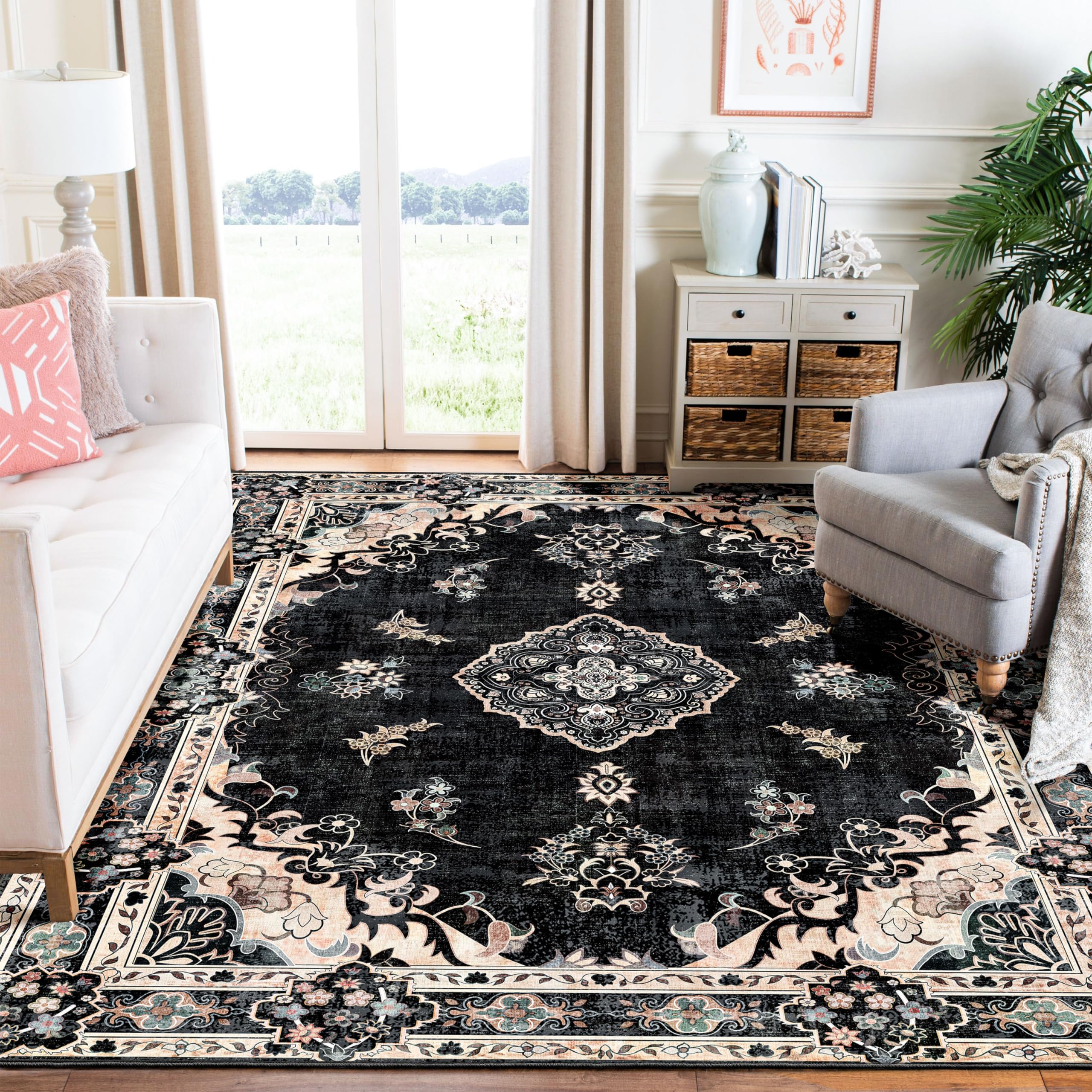 MUJOO Black Rug 6'x9',Washable Area Rugs for Living Room Bedroom Dining Room, Large Boho Vintage Farmhouse Distressed Non Slip Carpet,Floral Flowers