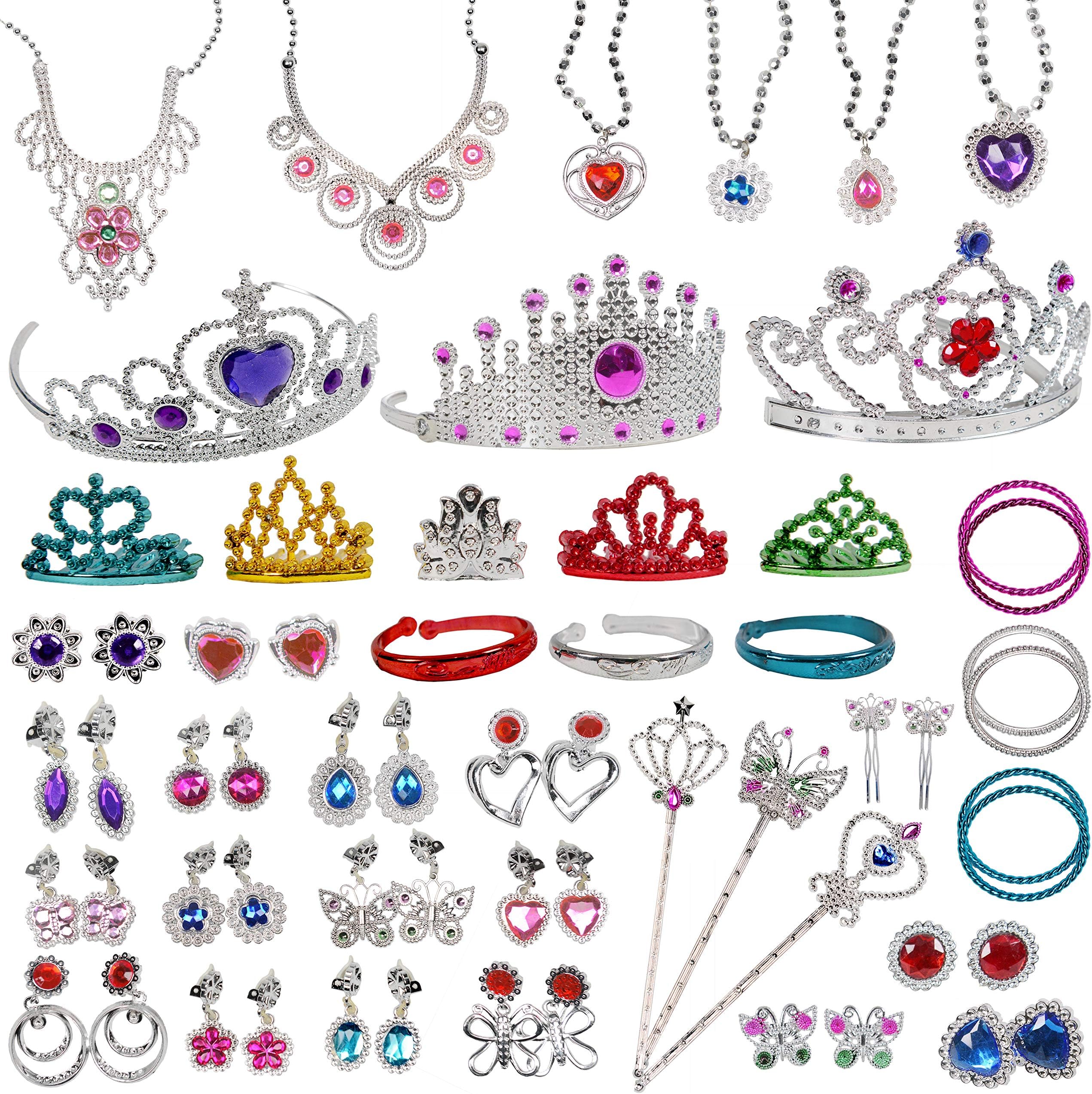 Jewelry Toy,62 Pieces Princess Pretend Jewelry Toy Playset,Assorted Jewelry Dress Up Toys Rings,Earrings,Necklaces,Crowns,Bracelets,Wands for Girls Birthday Gift,Princess Party Favors