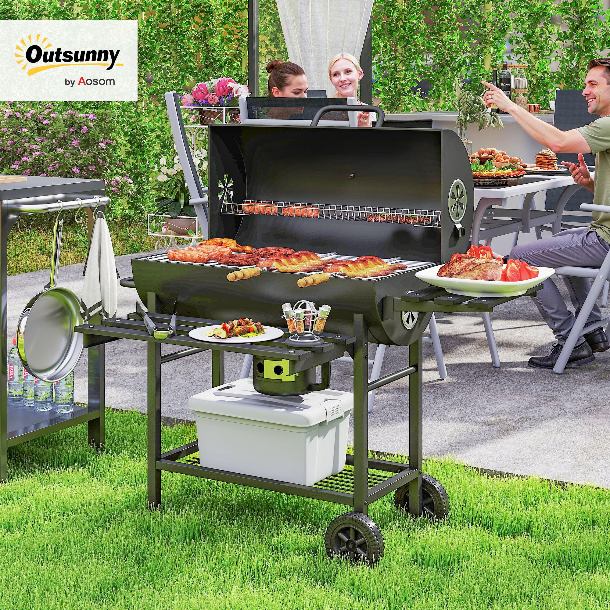 Outsunny Barbecue charbon de bois avec tablette avant pliable, grand barbecue au charbon de bois avec tablette inférieure, grille de cuisson, couvercle avec thermomètre et 2 roues, noir