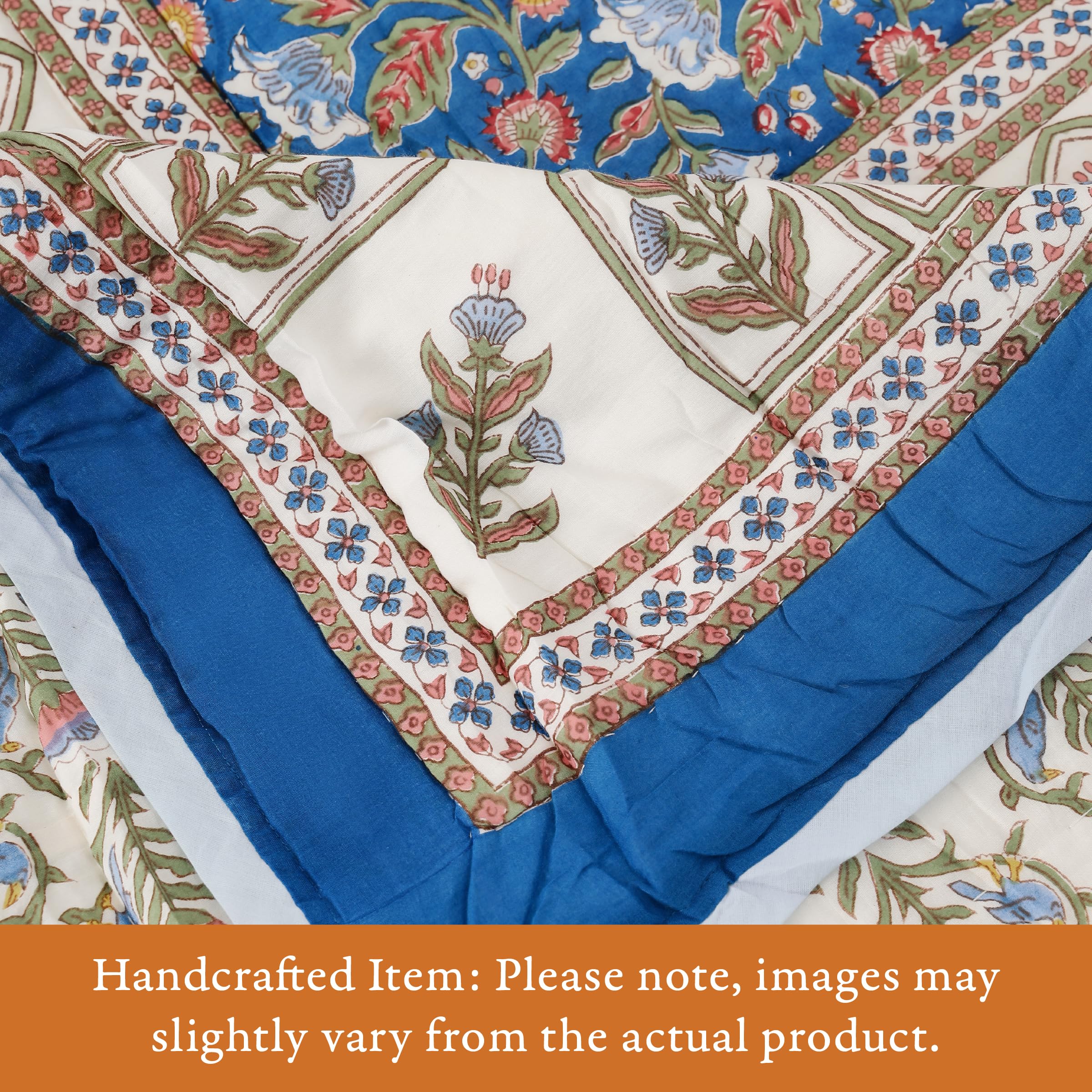 Saffron Marigold Reversible Blue Quilted Throw Blanket, Queen Sized Handmade Hand Block Printed Enchanted - Blue Cotton Voile Jaipuri Razai Bedspread for Bed 90 x 90 Queen in