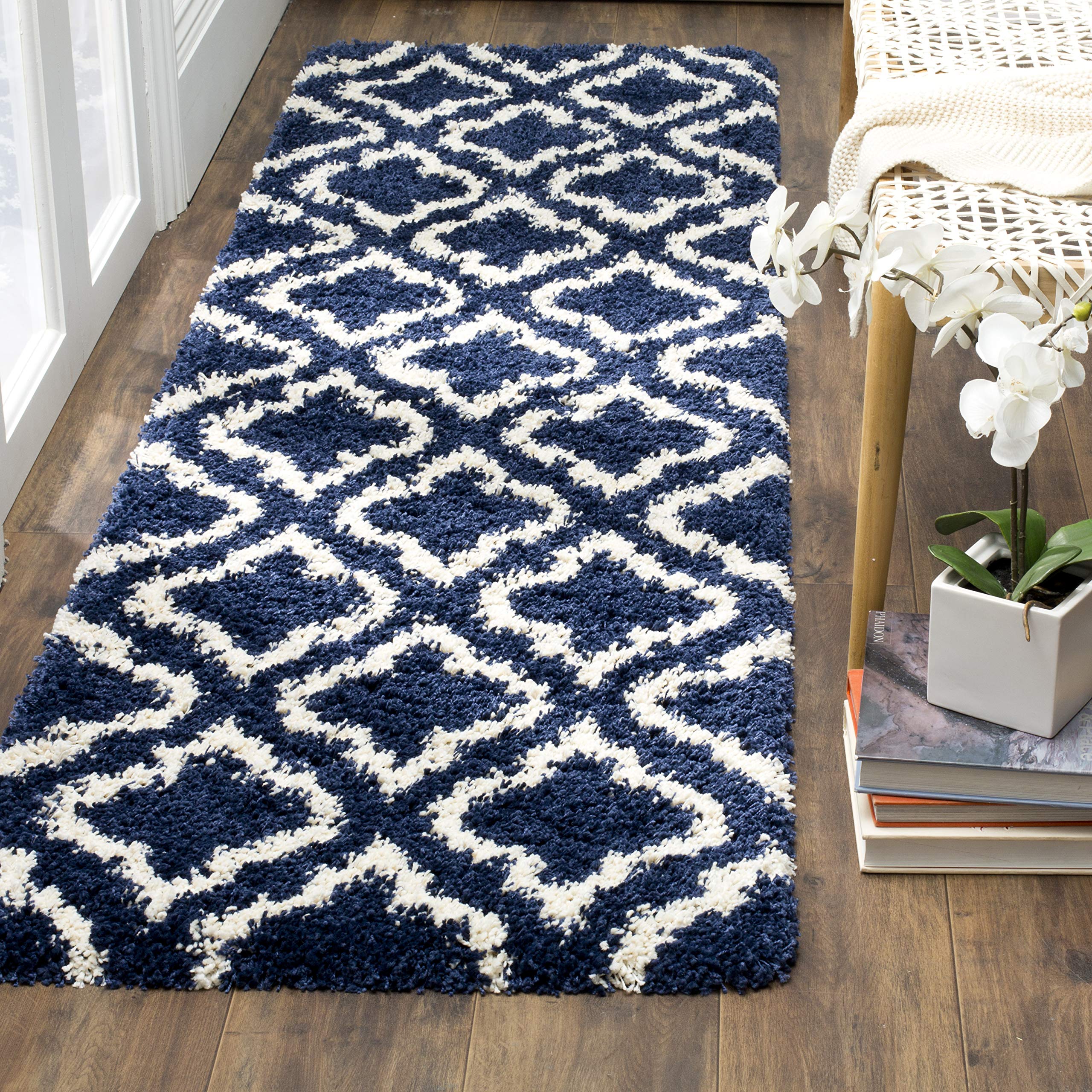 SAFAVIEH Hudson Shag Collection Runner Rug - 2'3" x 6', Navy & Ivory, Moroccan Design, Non-Shedding & Easy Care, 2-inch Thick Ideal for High Traffic