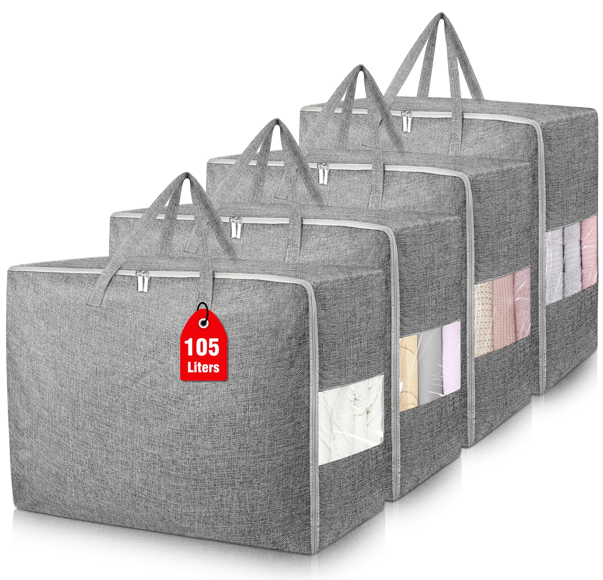 4Pack 105L Extra Large Storage Bags, Folding Moving Comforter Blanket Storage Bags Closet Organizers and Storage Containers for Clothes with Strong