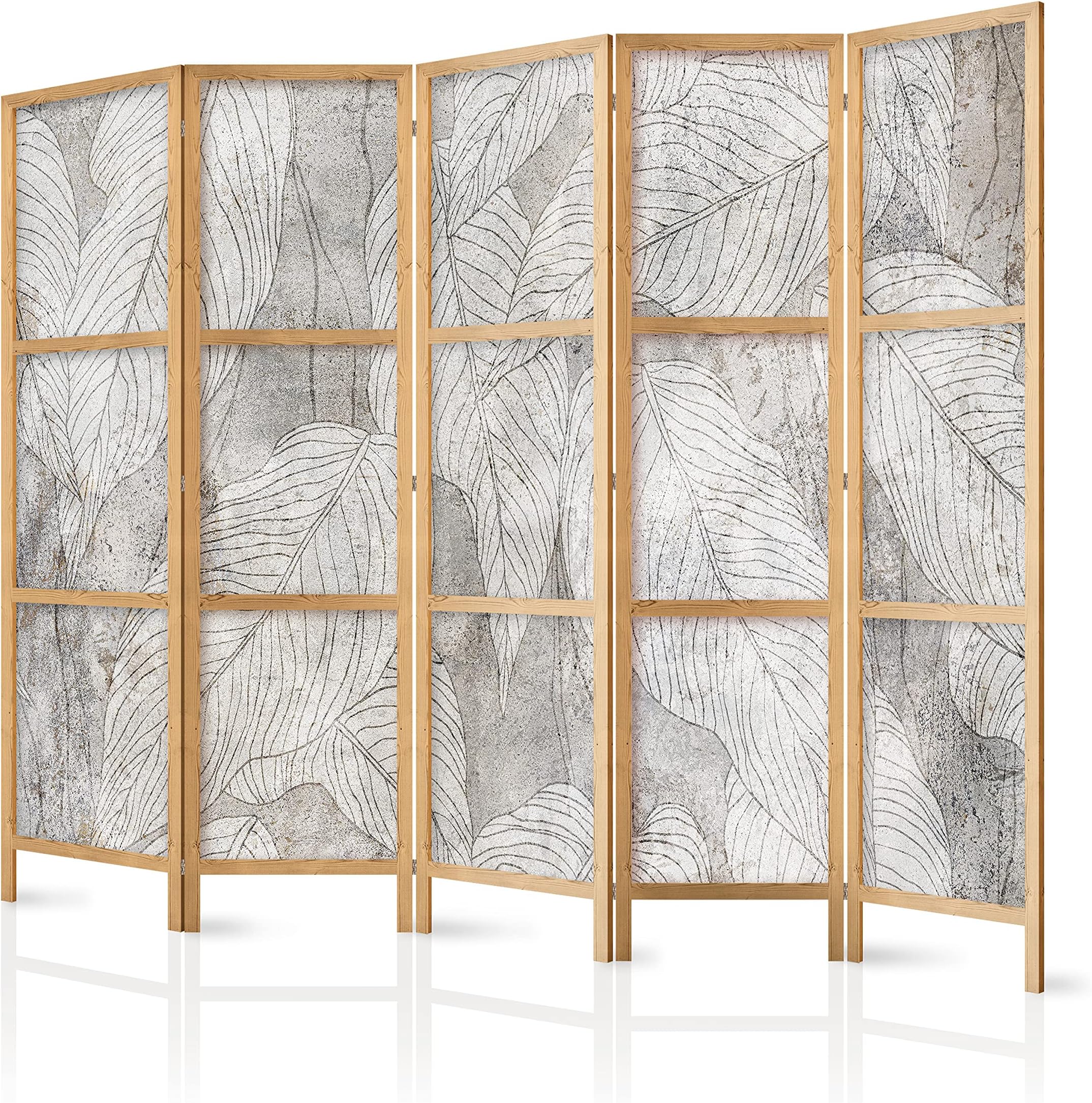 murando Room divider XXL Leaves plant motive nature 225x171cm / 89"x68" 5 pieces Non-Woven Canvas Single-Sided Folding Screen Privacy wood pattern design hand made Home office Japan b-C-0813-z-c