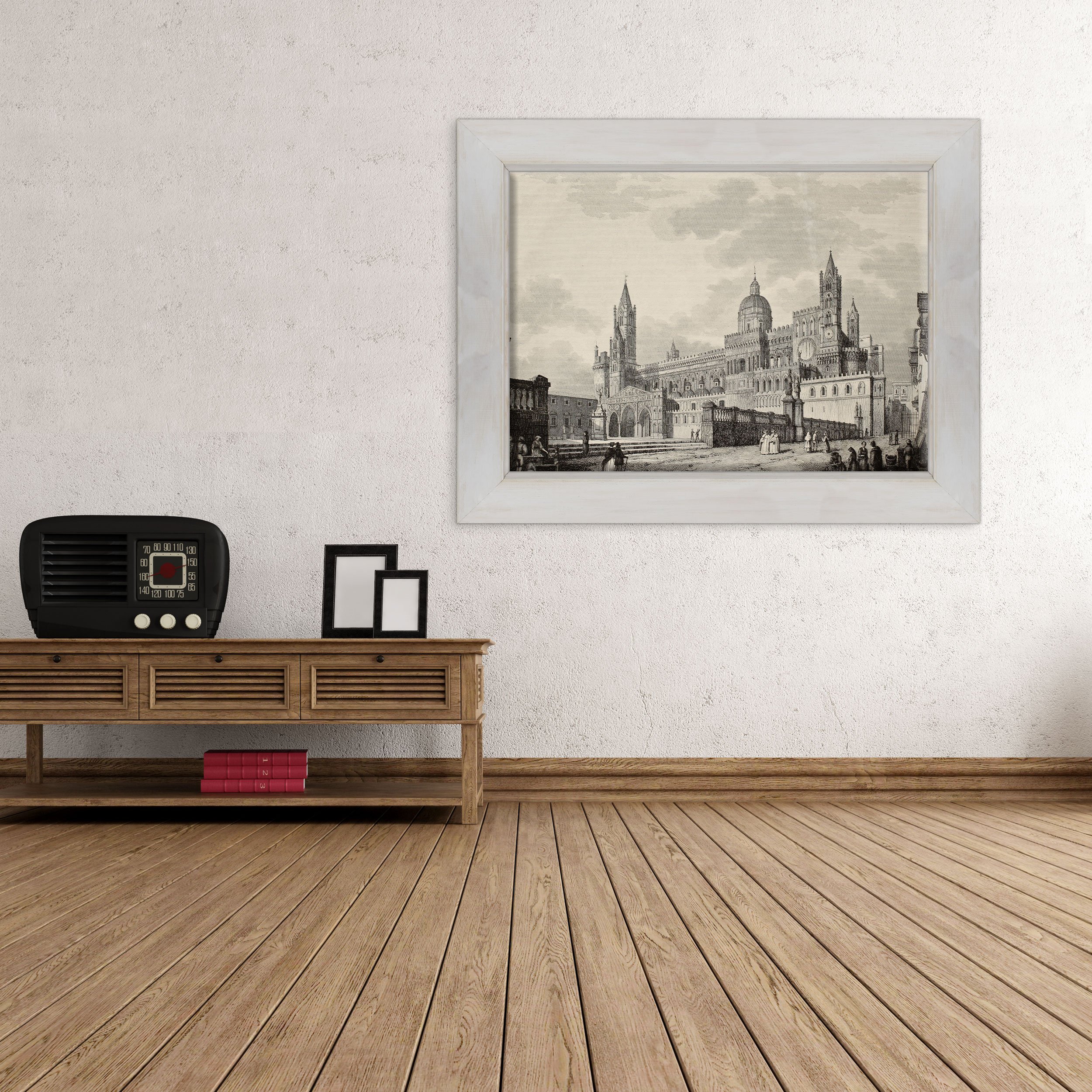 QUADRO SU TELA CANVAS INTELAIATO - CON CORNICE - Cattedrale di Palermo - Incisione Antica del 1850 circa - 30x40cm - Stile Country Bianco Shabby - (cod.2801)
