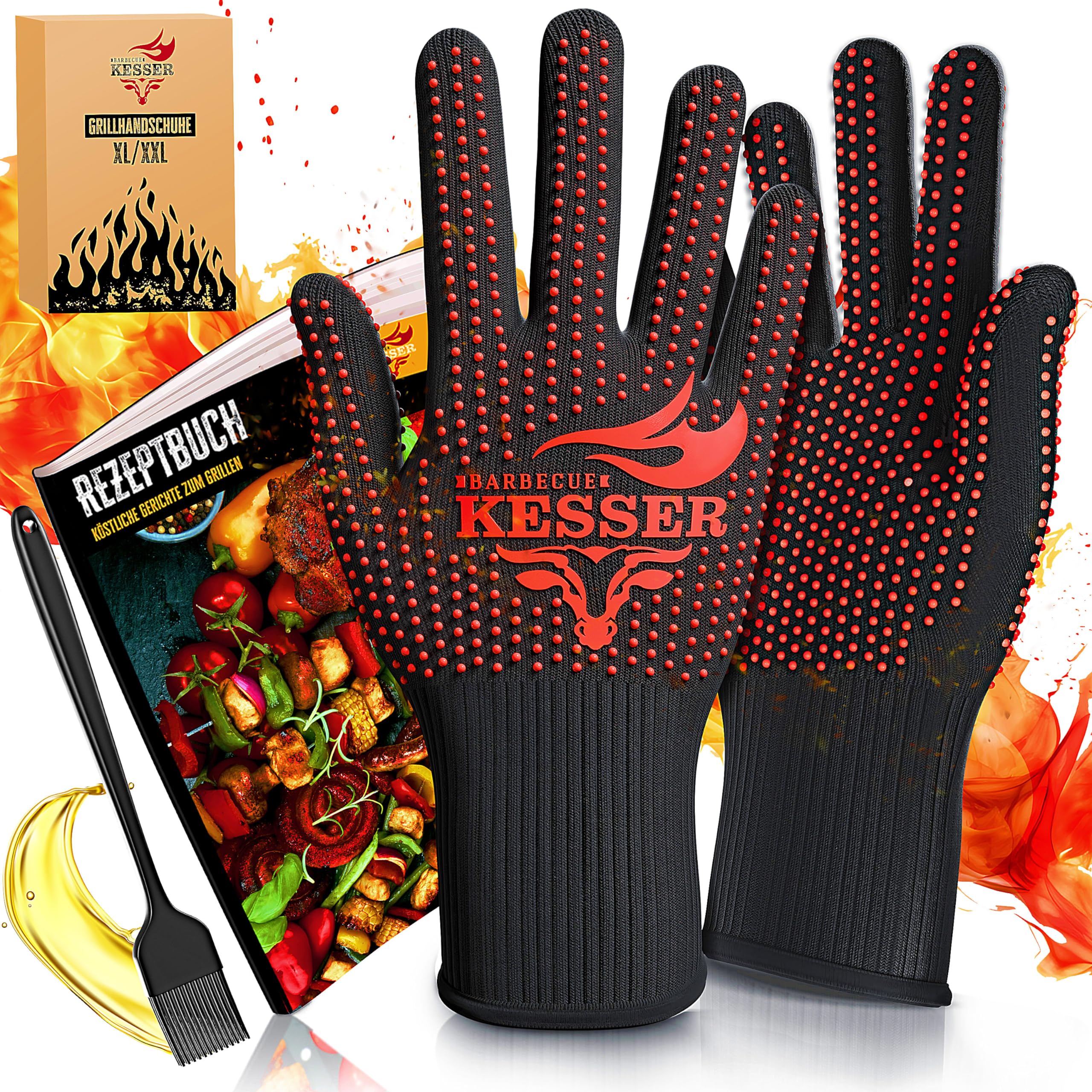 KESSER® Grillhandschuhe XXL, auch für Topf und Kamin, hitzebeständig bis 500°, atmungsaktiv, Rutschfester Griff, Aramid-Gewebe, maschinenwaschbar,inkl. Rezeptbuch & Kochpinsel, Größe XL-XXL, Rot