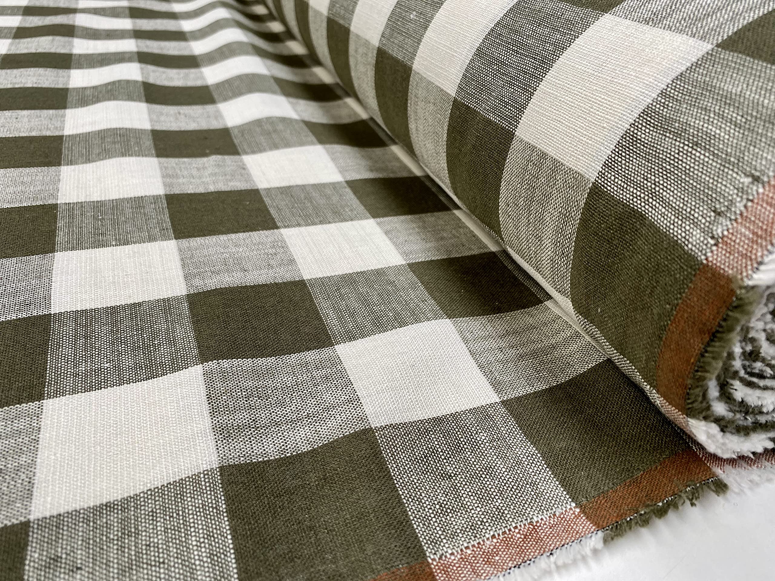 Gingham Linen Checked Fabric Check Material Buffalo Plaid, Dressmaking, Curtains, Home Furnishing, 140cm Wide (Khaki & White - Image 4