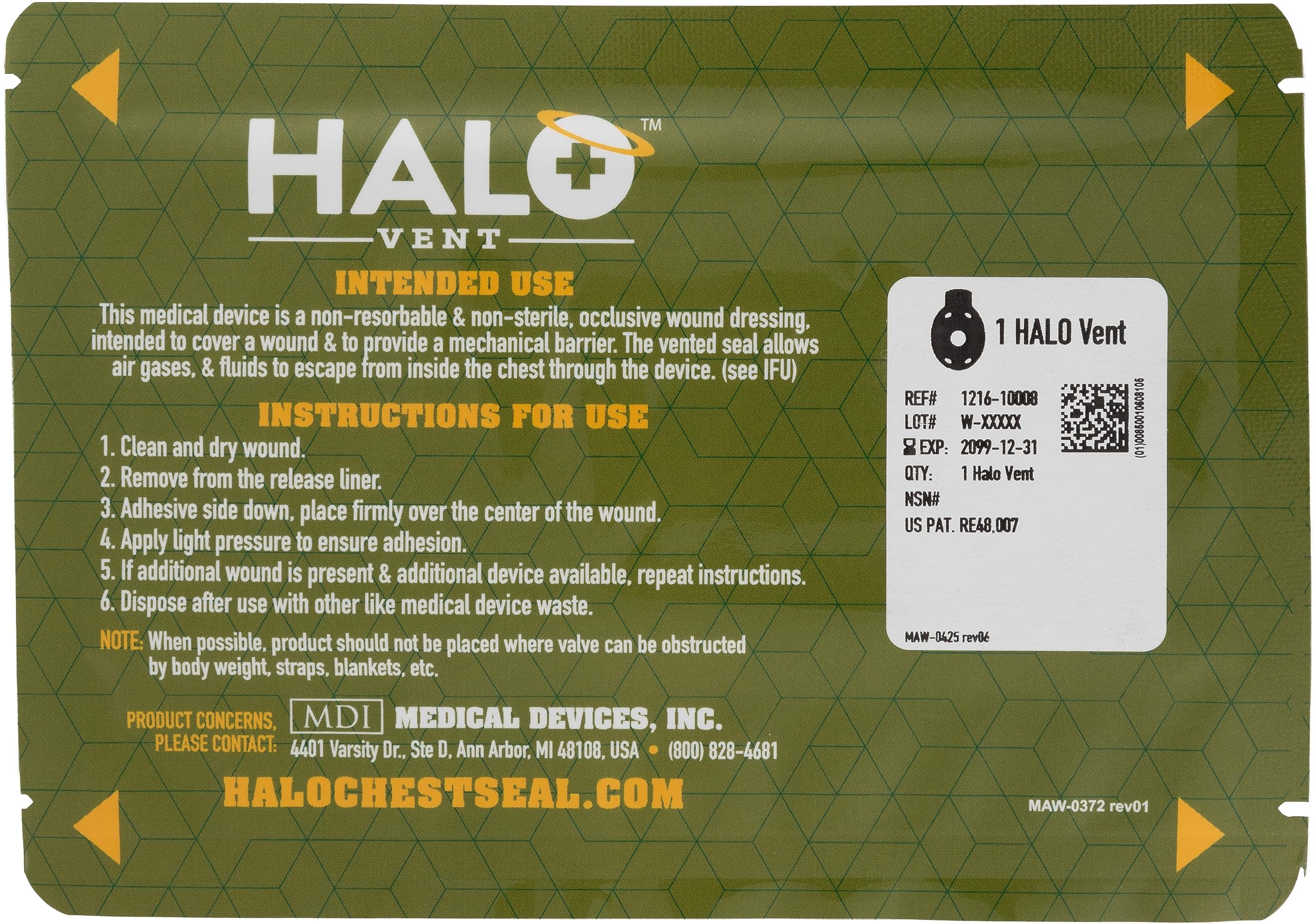 Halo Seal Chest Seal Vent, Single Pack, IFAK Kit Packaging