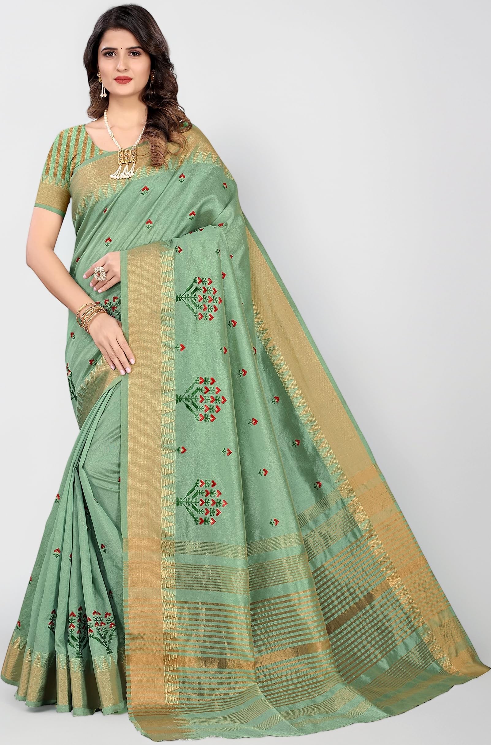 SERONA FABRICS Women's Assam Cotton Silk With Golden Border Thread Embroidery Saree With Blouse Piece
