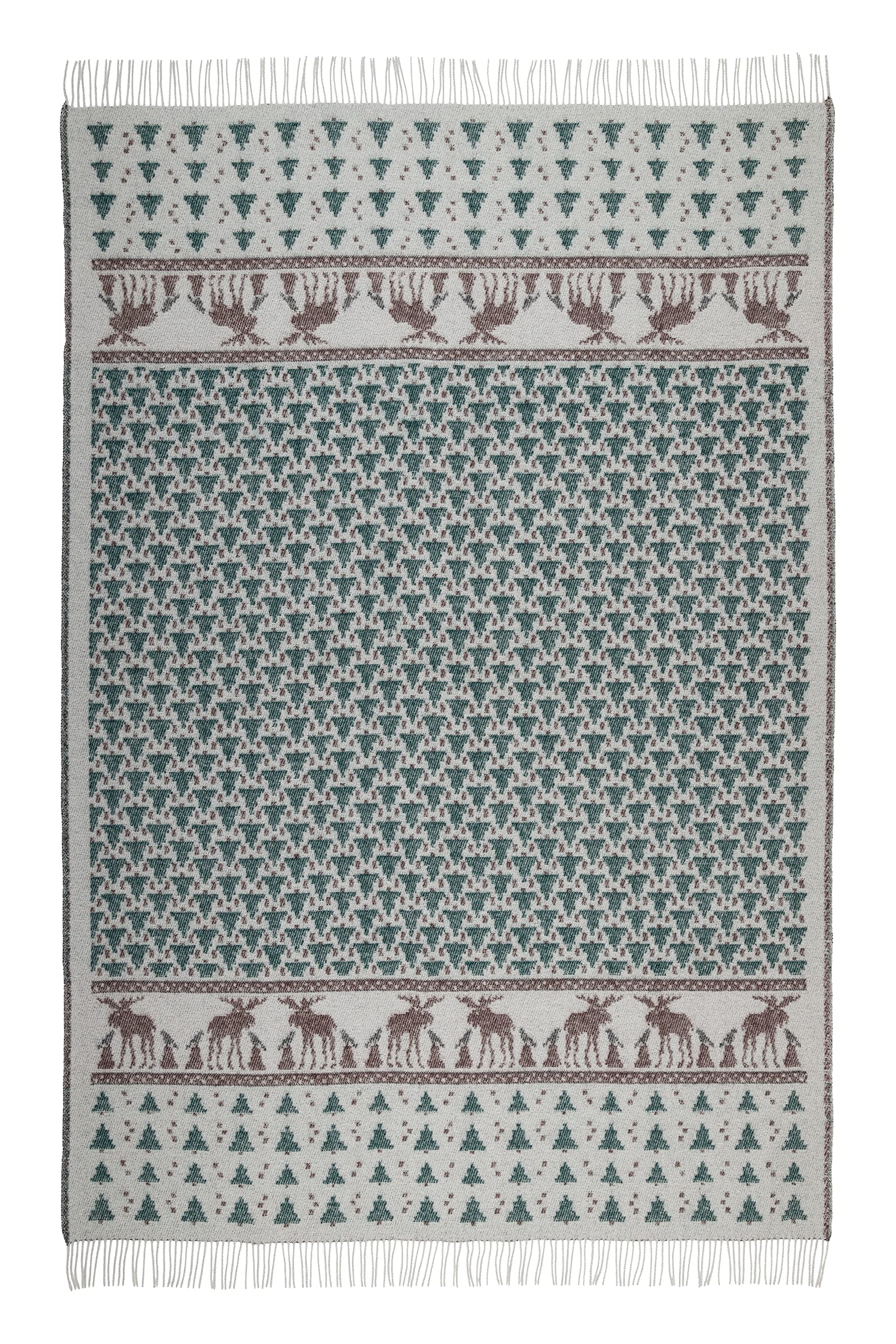 ÖJBRO VANTFABRIK – Skogen – Wolldecke mit Fransen, 130 × 200 cm, aus 100% Schafwolle, gewebt, warm & weich, folkloristisches nordisches Design
