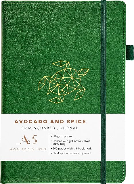 A5 Squared Notebook by Avocado and Spice® with Gift Box & Velvet Bag - A5 Grid Paper Notebook - Notebook Squared Paper Notebook A5 - Elastic Strap, Pen Holder, 200 Thick Page (Green, Squared)