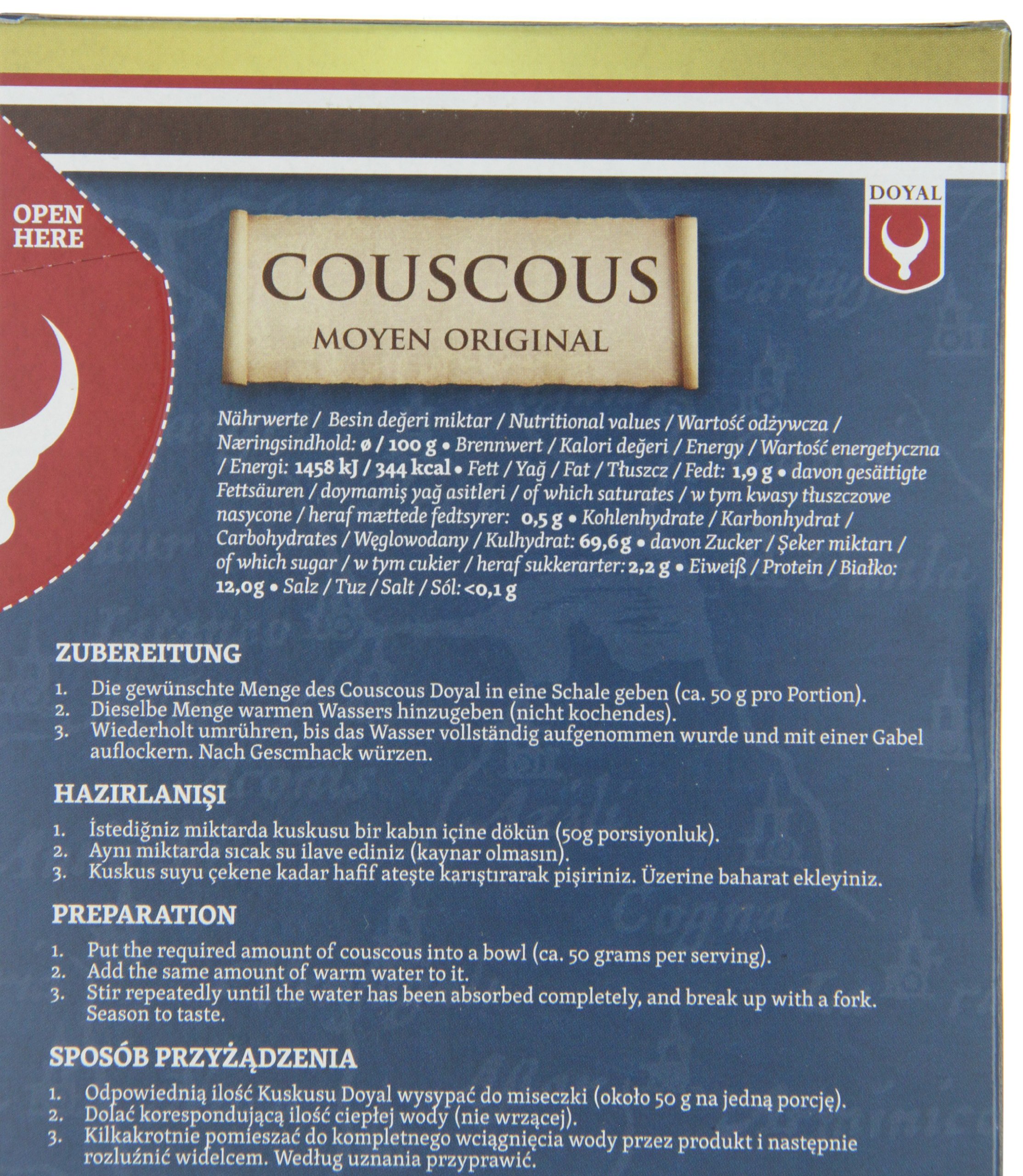 Cuscús grano medio 500 g en caja, preparación rápida 5 min, base versátil para ensaladas tipo tabulé, guarniciones y bowls, cocina árabe y mediterránea