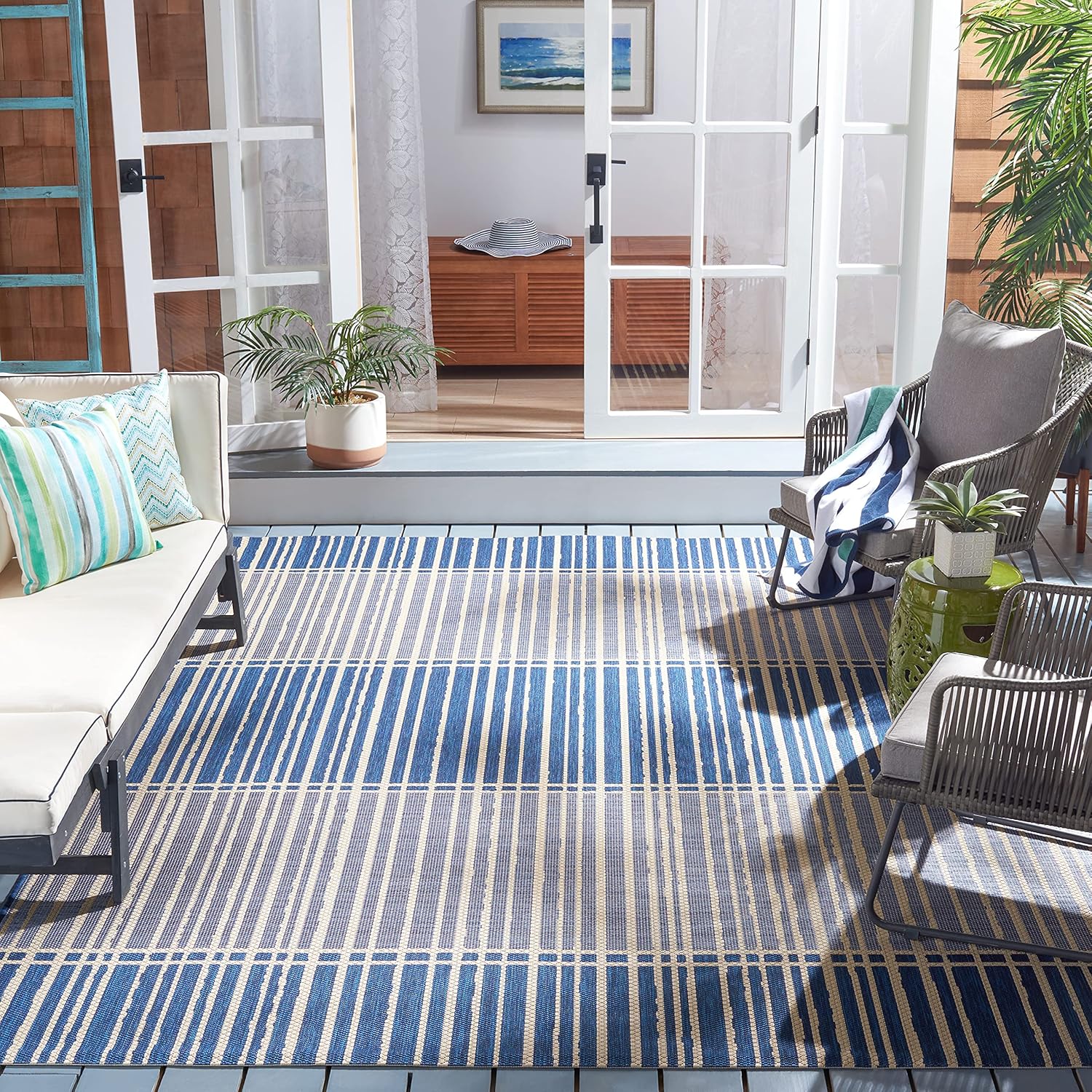 SAFAVIEH Washable Rug Outdoor Courtyard Collection - 8' x 10', Navy & Blue, Non-Shedding & Easy Cleaning, Ideal for Patio, Backyard, Mudroom (CY6018-25821)