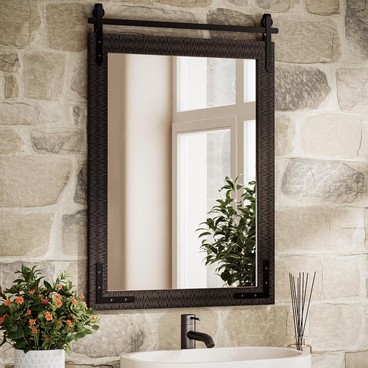 TETOTE Black Wood Framed Bathroom Vanity Mirror 24” x 36” Rustic Farmhouse Barn Door Natural Solid Wooden Mirror for Living Room Entryway, Waterproof, Fully Assembled 36"L x 24"W Black Wood
