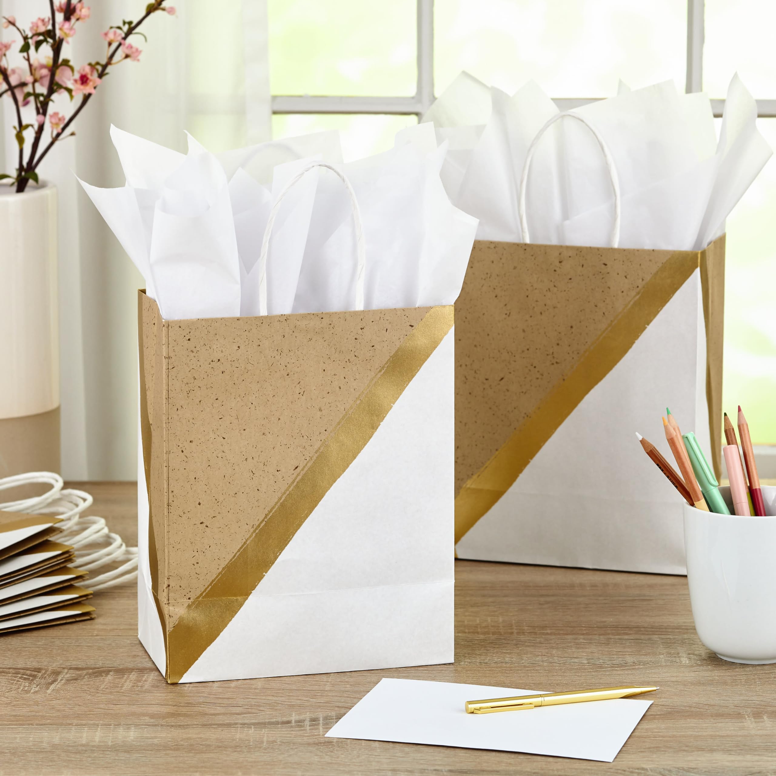 Hallmark 9" Medium Paper Gift Bags (Pack of 8 - White & Kraft) for Valentine's Day, Easter, Birthdays, Mother's Day, Weddings, Graduations, Baby Showers, Bridal Showers, Care Packages and More