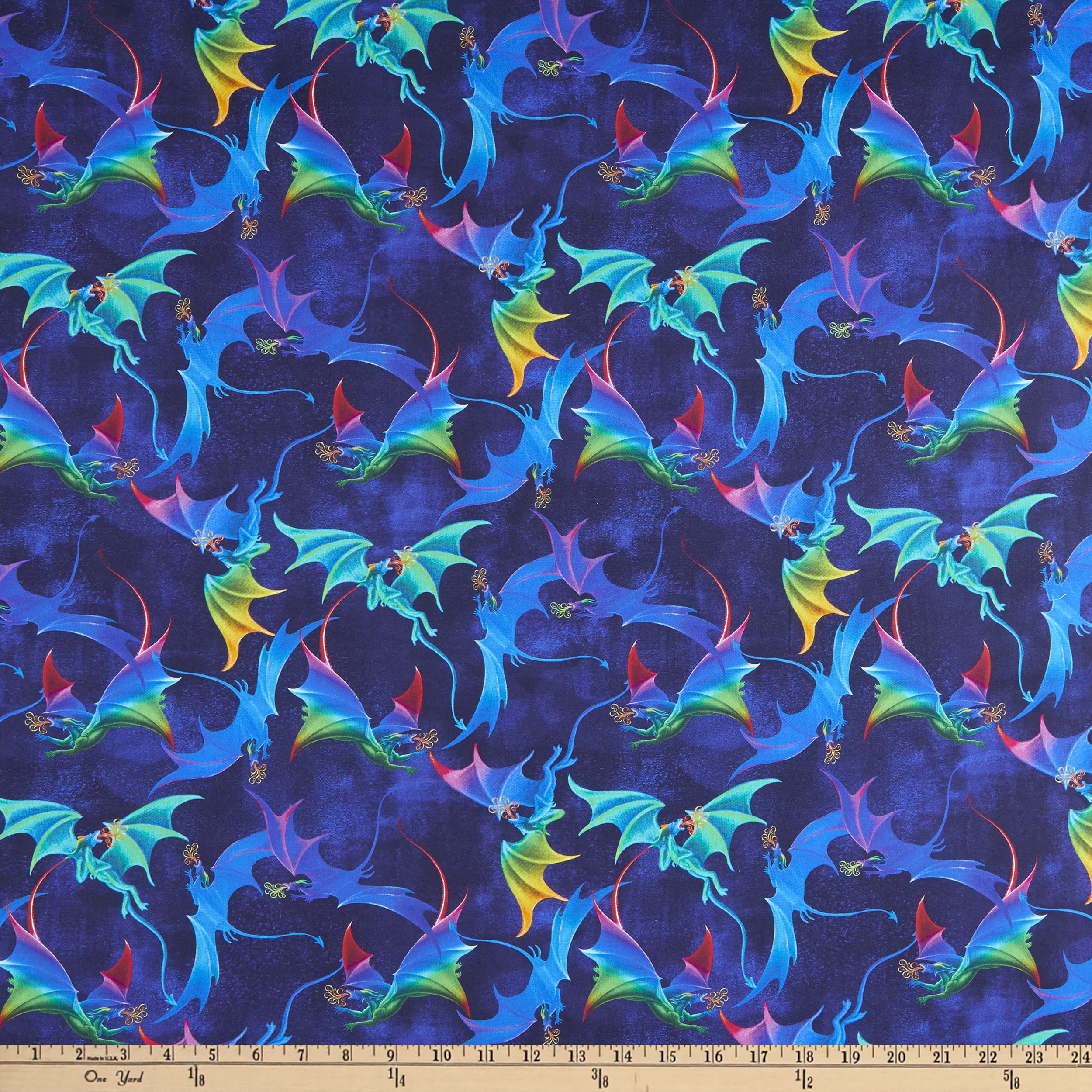 Studio E Fabrics Rainbow Digital Flying Dragon Fabric, Navy