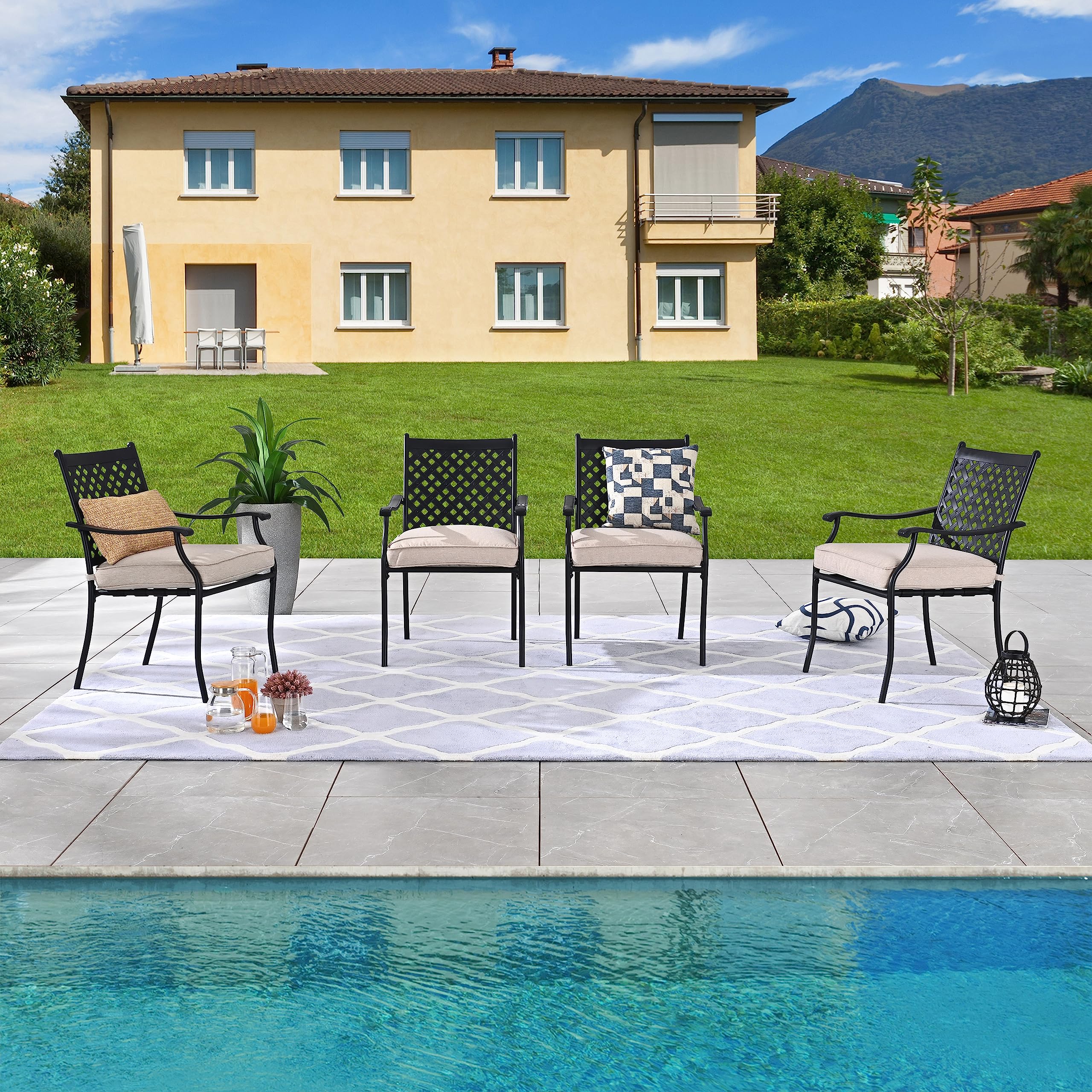 LOKATSE HOME4 PCS Metal Outdoor Wrought Iron Patio Dining Armrest Chairs with Seat Cushion for Balcony, Garden, Backyard, Khaki