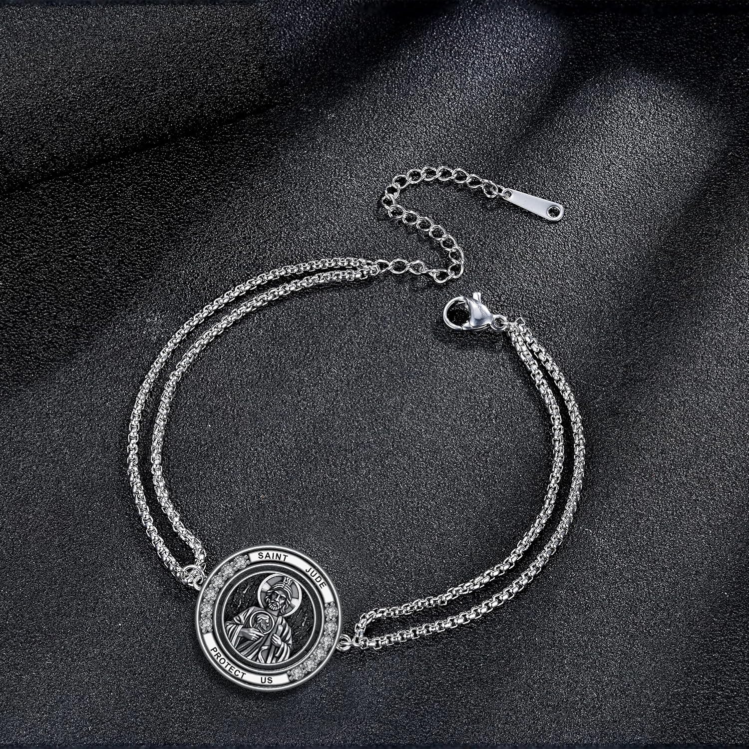 Double Chain Saint Benedict Medal Bracelet, 925 Sterling Silver Religious Pendant, Amulet Protection Jewelry Gift for Men Women - Image 2