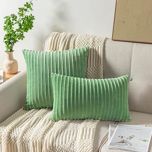 Miniatura 5 de UGASA - Juego de 2 fundas de almohada de terciopelo suave de 18 x 18 pulgadas, decorativas, de pana a rayas en ambos lados, fundas de cojín