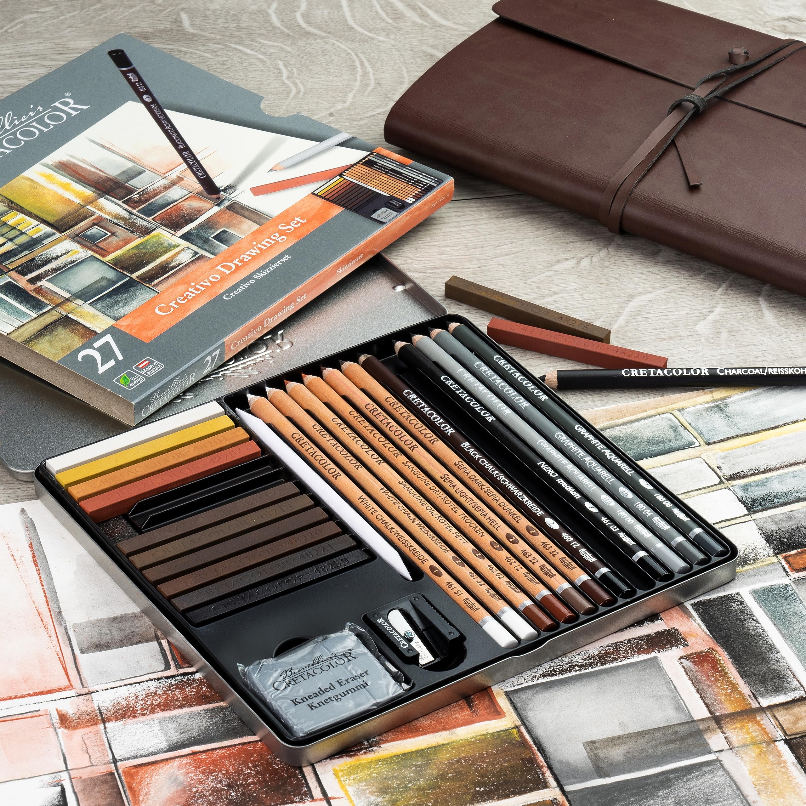 Set d'esquisse Cretacolor 27 pièces, gomme et taille-crayon inclus, équipement de base idéal, tracé doux et saturé, dans un étui métallique robuste