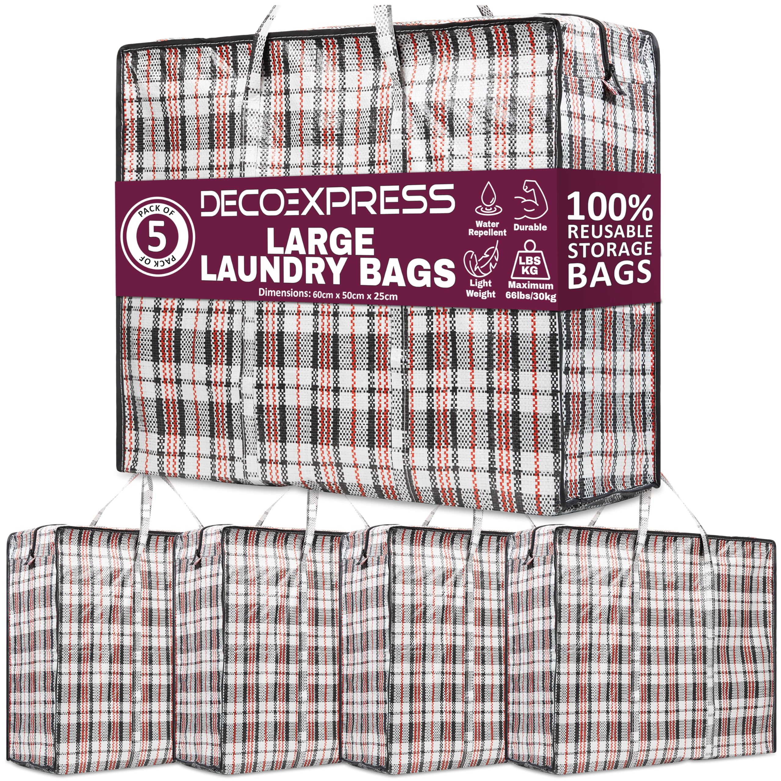 DECO EXPRESS Laundry Bags XL, Pack of 5, 75L Strong, Durable & Reusable Extra Large Storage Bags with Zips, Ideal for Moving, Shopping, Packing, Laundry & Clothes Storage (60 X 50 X 25 CM)