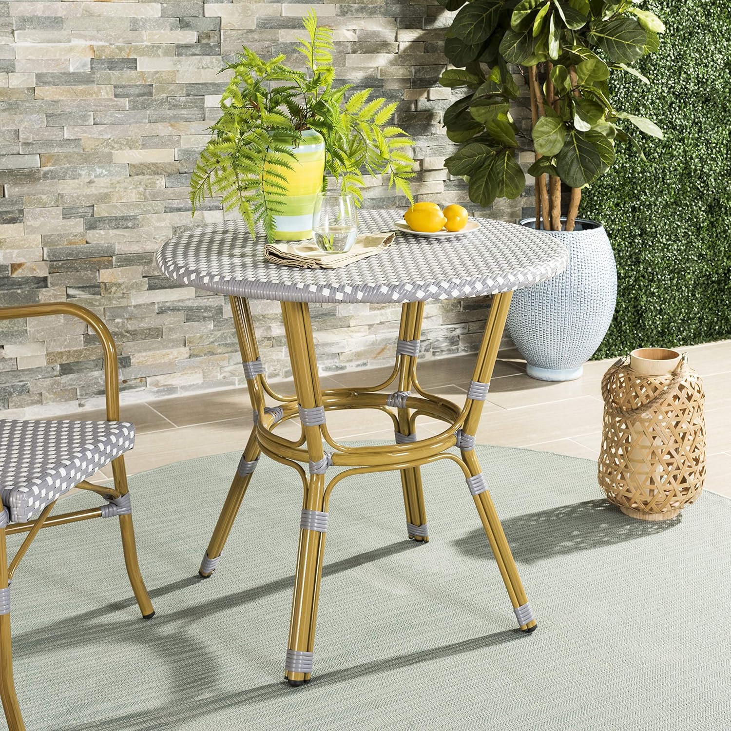 Safavieh PAT4012A Outdoor Collection Sidford Navy and White Rattan Bistro Table