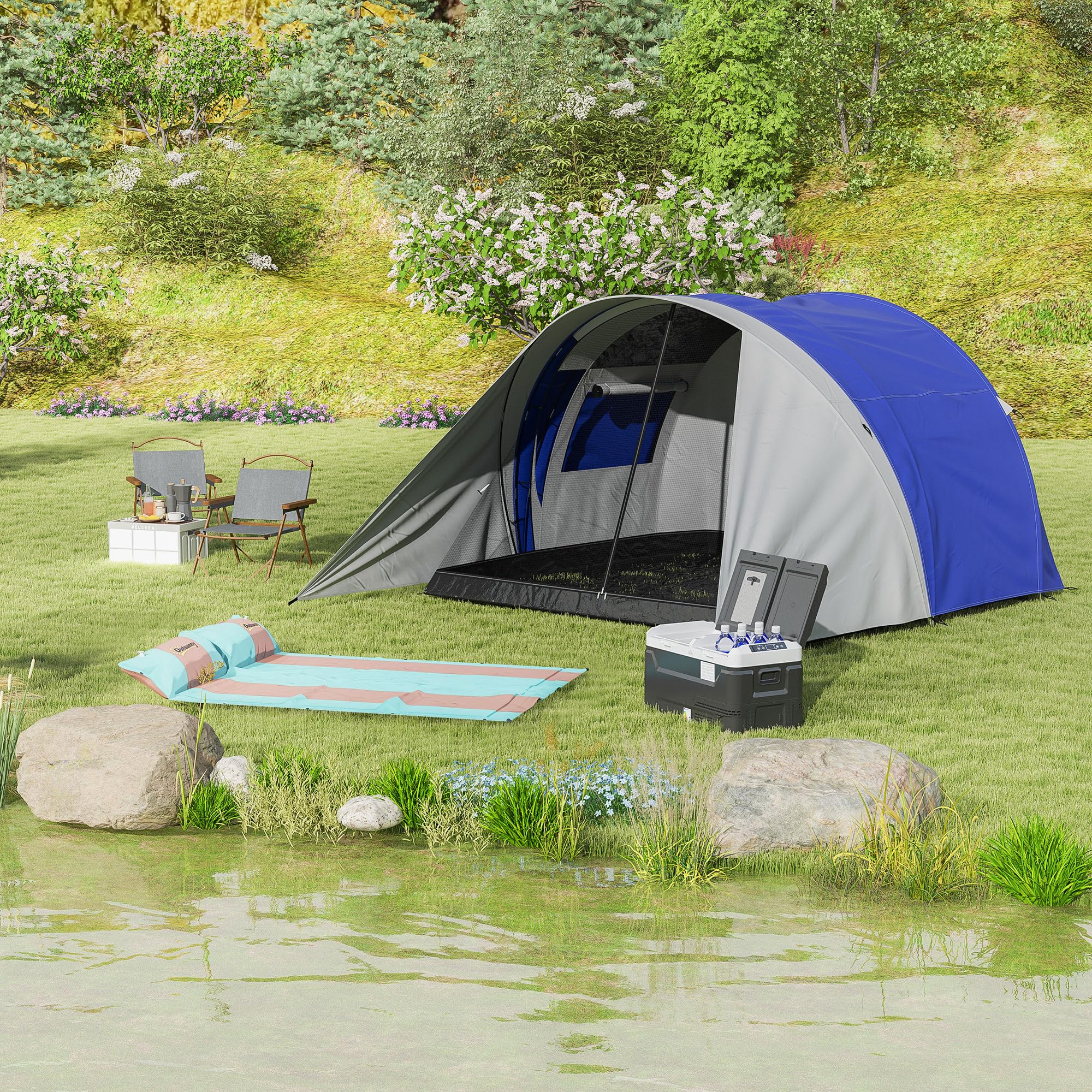 Outsunny Tente de Camping familiale 3-4 Personnes avec Double Toit 3000 mm et Sac de Transport, Tente Tunnel étanche légère ventilée Facile à Monter, dim. 390L x 315l x 188H cm