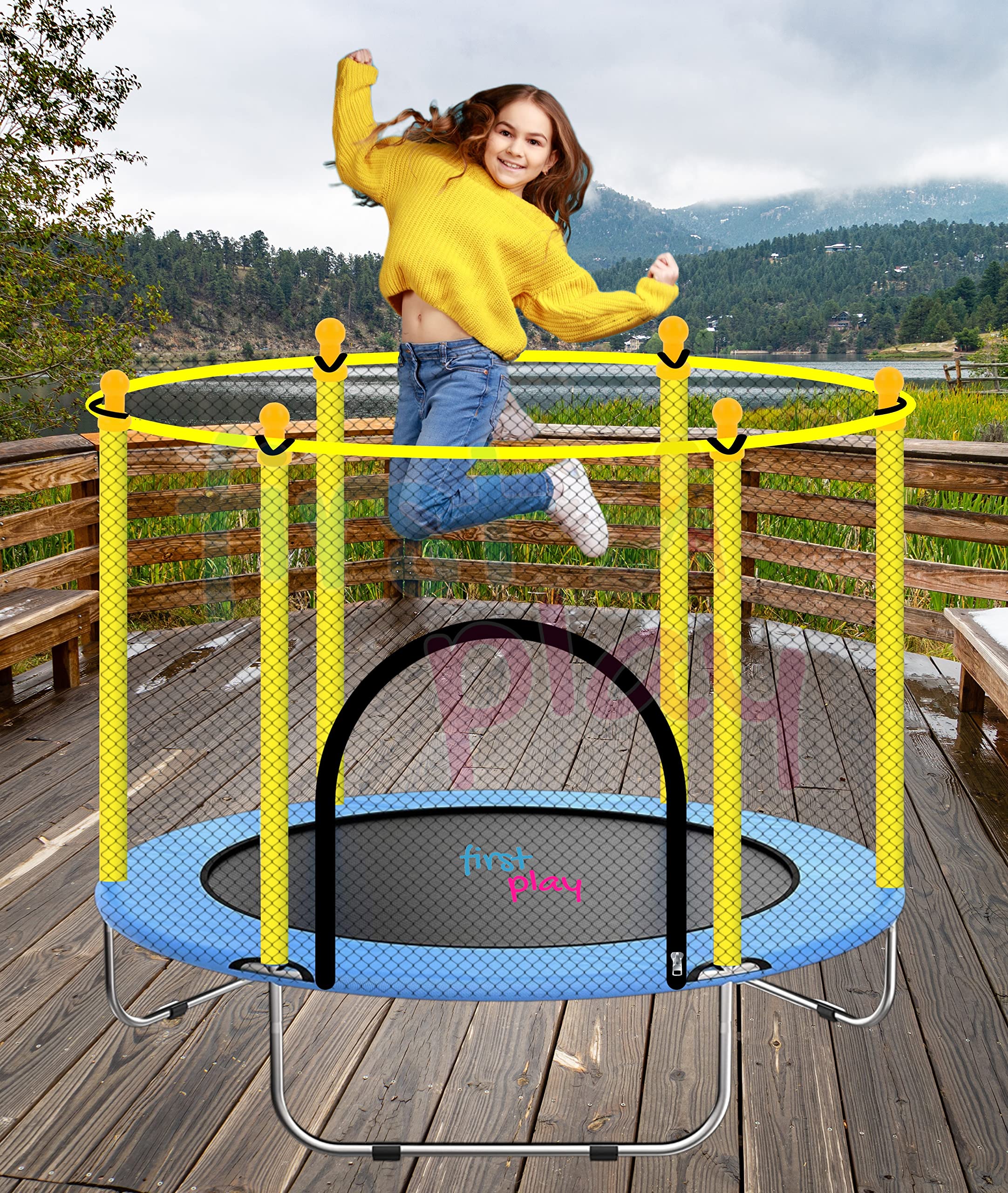 First Play 55 inch Trampoline for Kids Indoor with Net & Arched Shaped Legs I Kids Trampolines with Solid Steel Frame I 130KG Weight Bearing I Jumping Toy for Kids I Trampoline for Kids Outdoor
