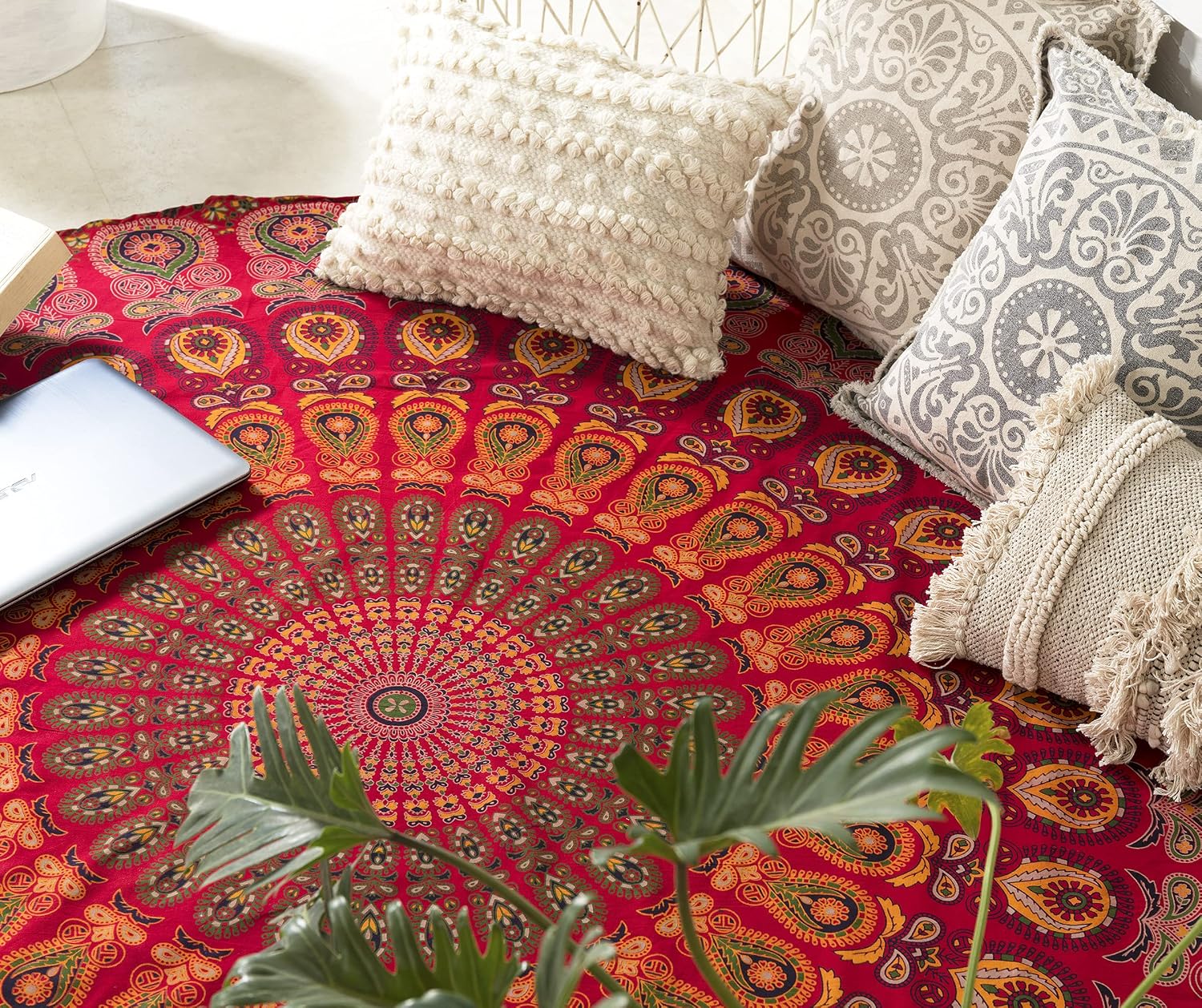 Popular Handicrafts Round Tapestry Wall Hanging Hippie Mandala Roundie Bohemian Hippy Intricate Indian Tapestries Tablecloth 70 Inches,(178cm) Red image 5